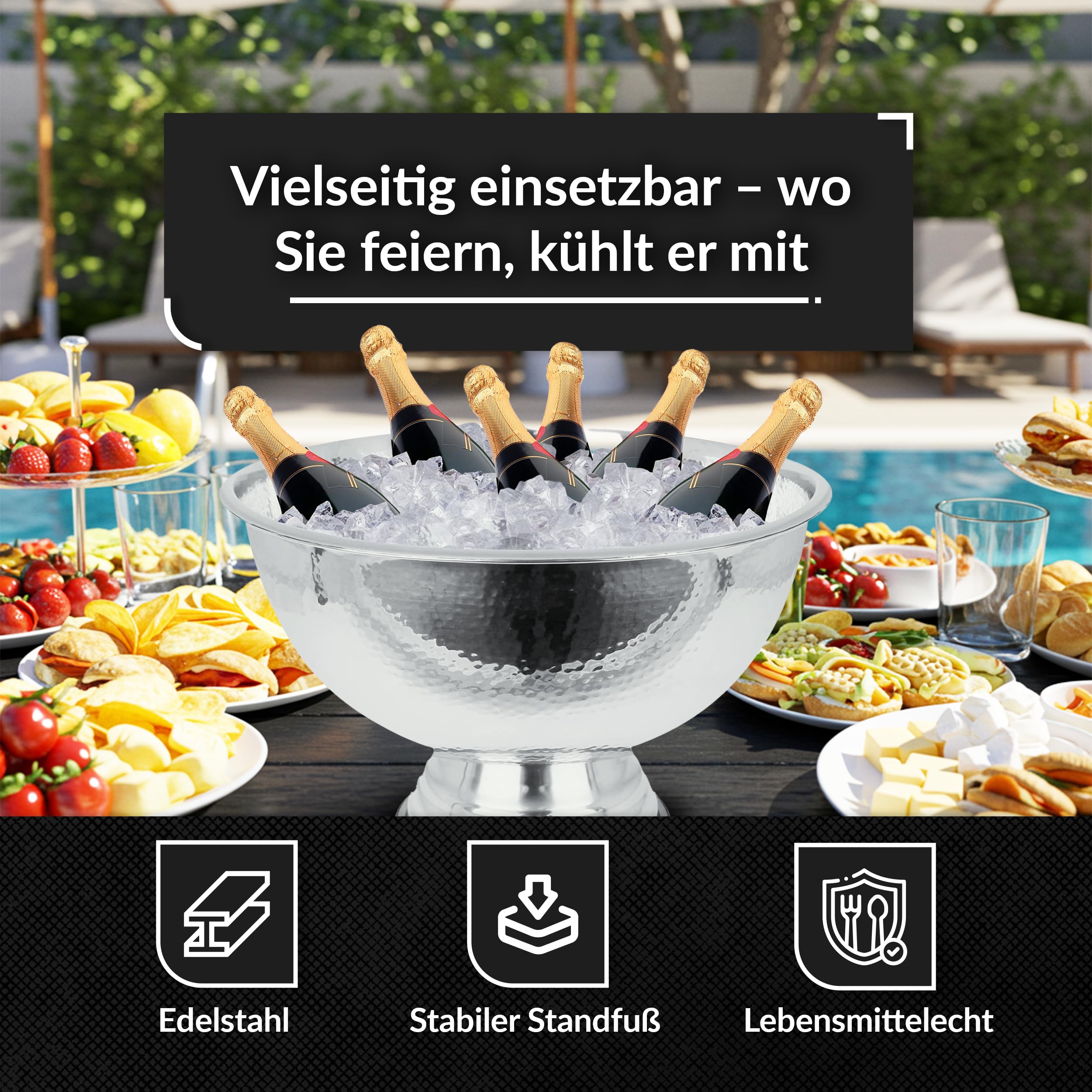 Design Sektkühler aus Edelstahl Ø40 cm Champagnerschale für bis zu 6 Flaschen – Flaschenkühler für den edlen Genuss von Champagner, Sekt, Wein, Spirituosen, Bier (40, Silber poliert)
