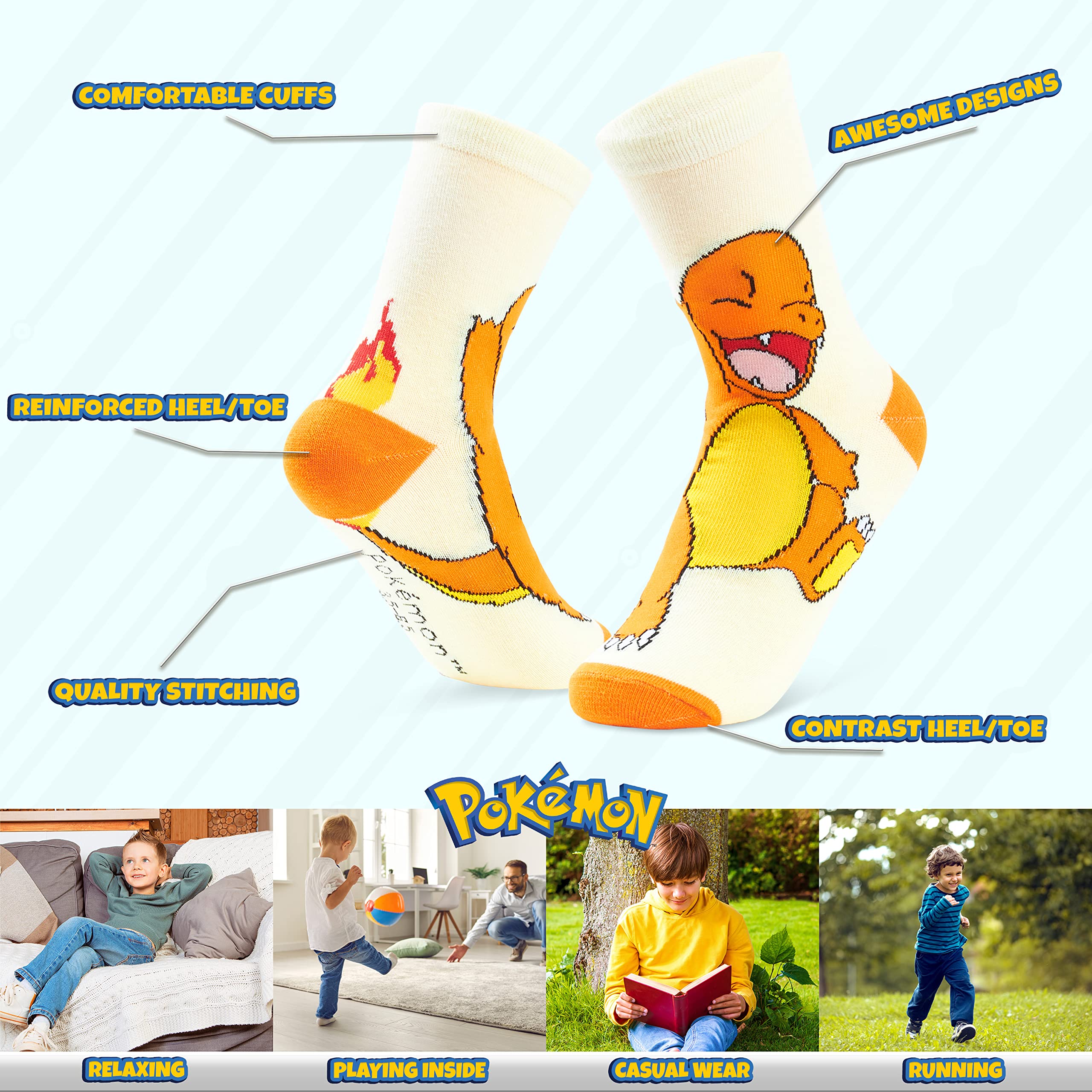Pokemon Jungen Socken 5 Pack Pikachu Knöchel Socken Kinder Dehnbar Atmungsaktiv Crew Socken für Jungen Mädchen und Jugendliche - Verschiedene Größen Erhältlich - Pokemon Geschenke