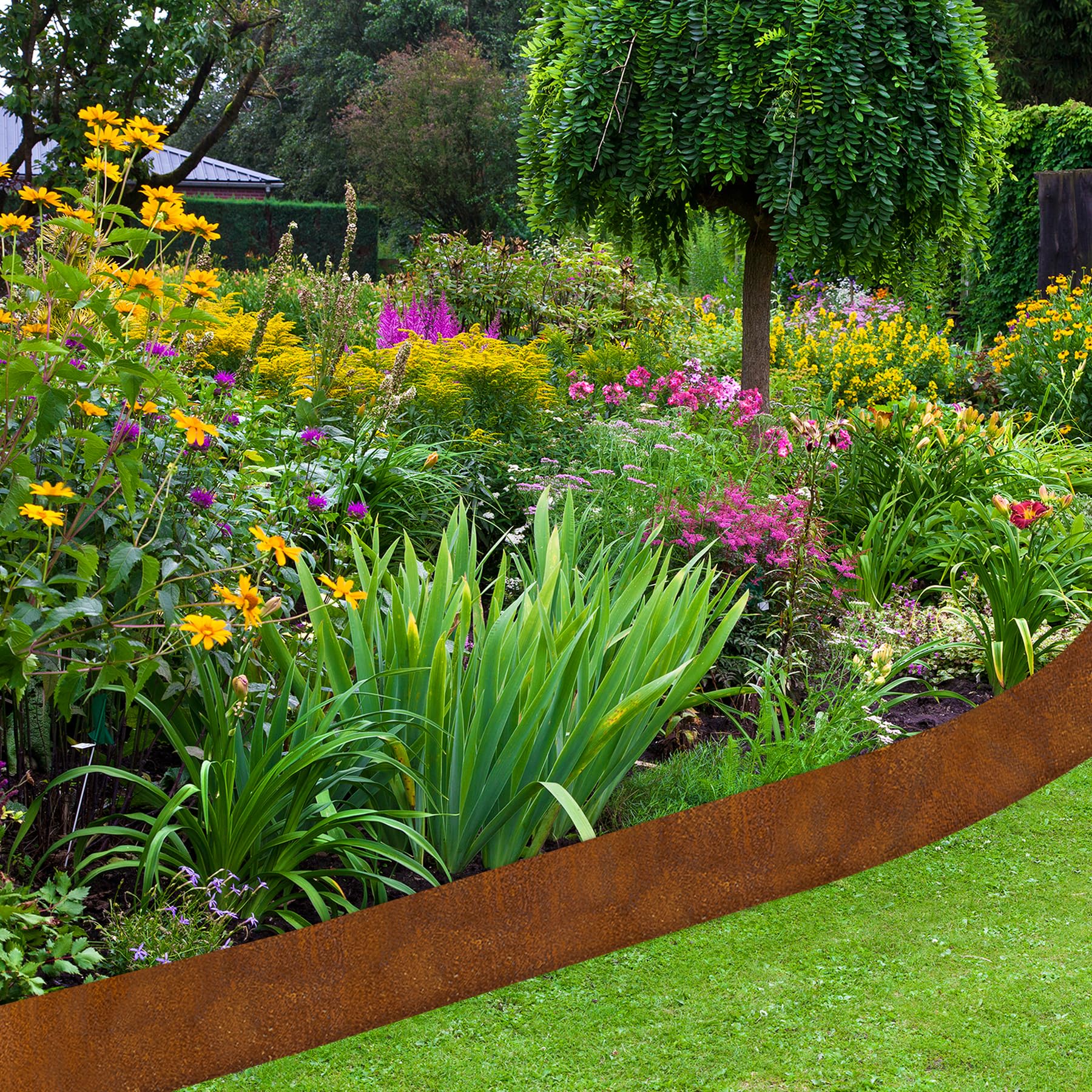 Garten Rasenkante aus Cortenstahl, Cortenstahl Rasenkante Corten-Stahl Beeteinfassung für DIY-Rasen, Rasenkantenband mit Rost inklusive 1 Paar Handschuhe