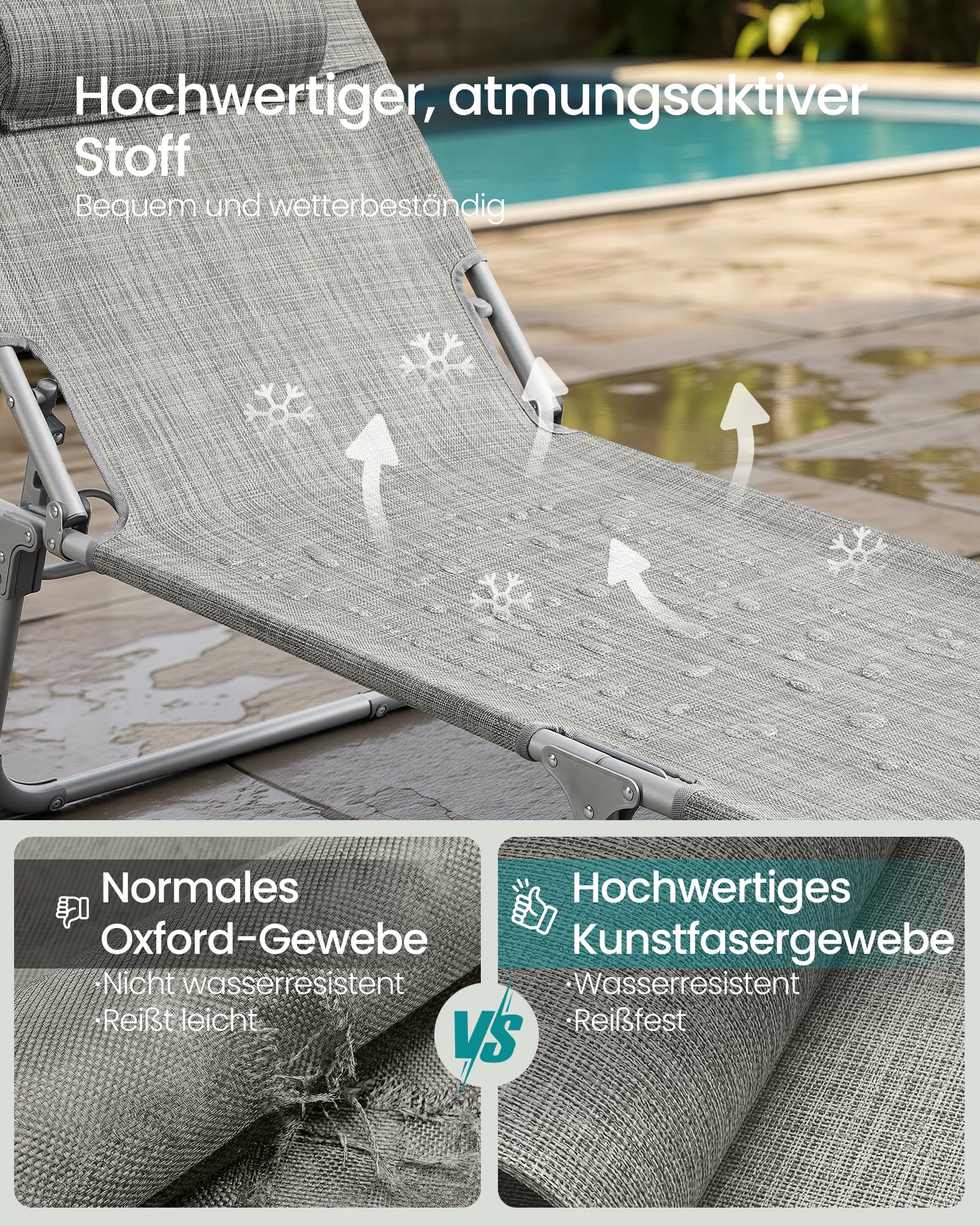 Sonnenliege, klappbarer Liegestuhl, 193 x 53 x 29 cm, trägt bis zu 150 kg, Sonnenschutz, Kopfkissen, verstellbare Rückenlehne, für Garten, Pool, Terrasse