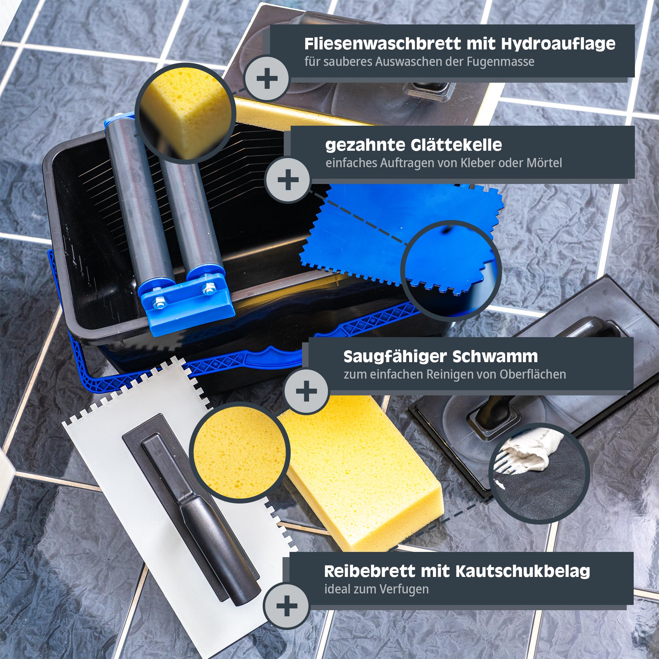 Tile washing set, 5-piece: 12-liter plastic bucket, double roller attachment, tile washing board and grouting board. Made in Germany.