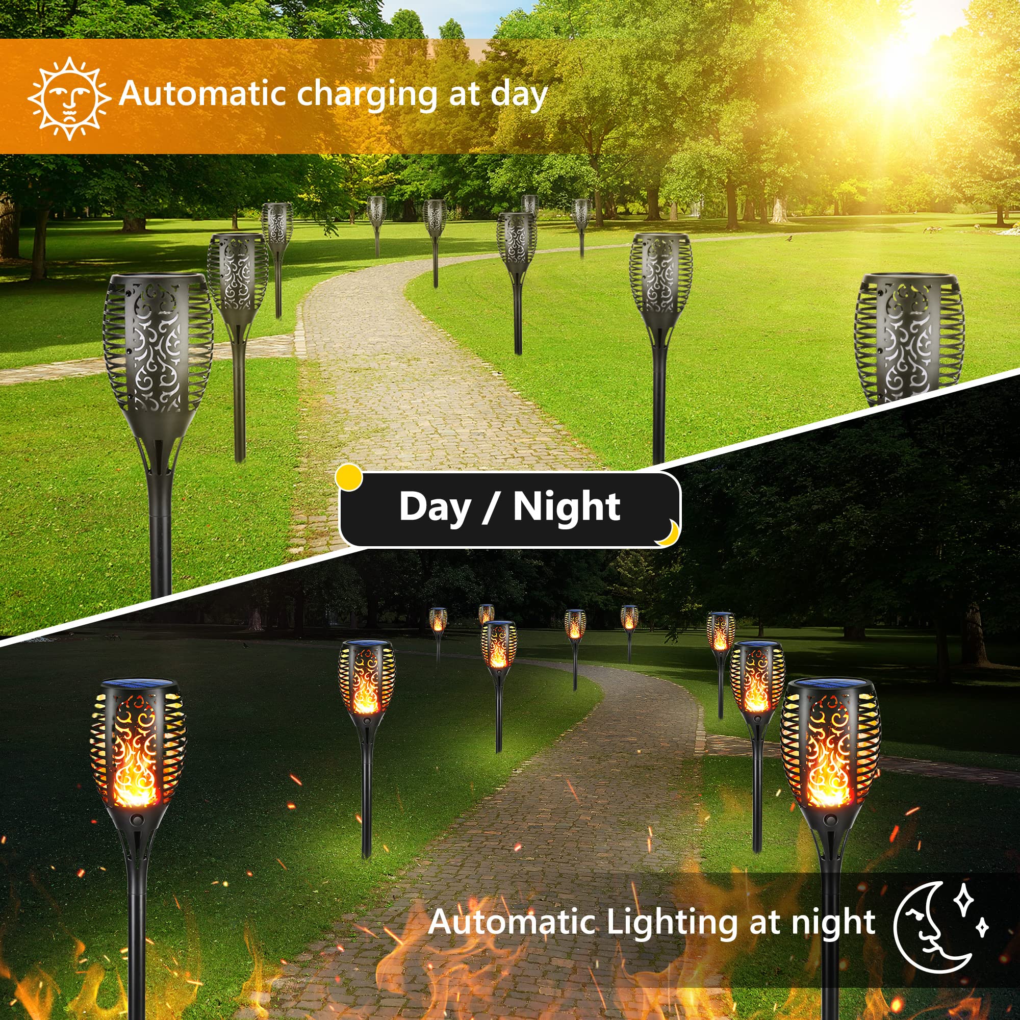 6 Stück Solarlampen für Außen - 12 LED Solarleuchten Garten mit Realistischer Flammeneffekt, IP65 Wasserdicht Gartenfackeln Solar für Außen, Hinterhöfe, Gärten, Rasen Beleuchtung