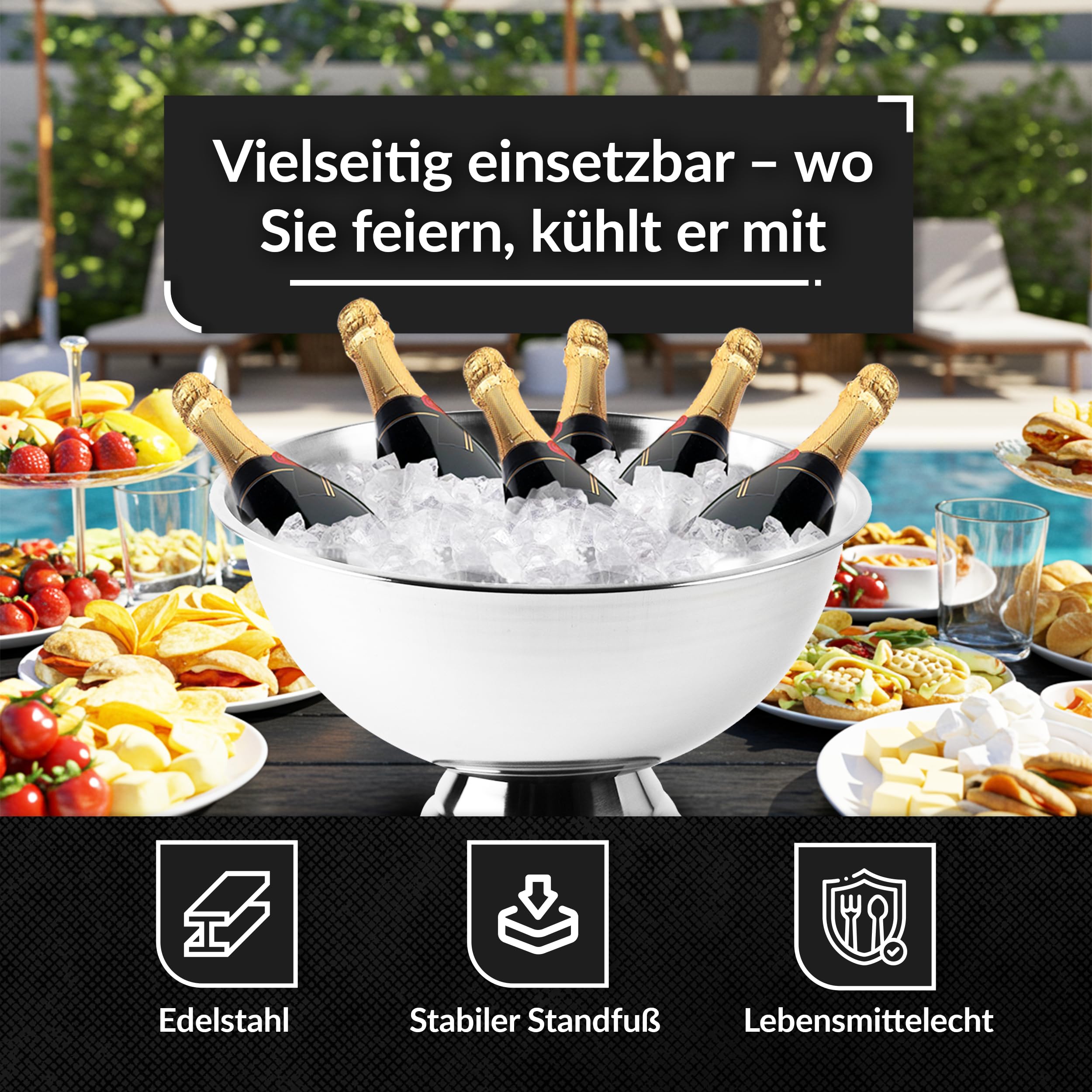 Design Sektkühler aus Edelstahl Ø40 cm Champagnerschale für bis zu 6 Flaschen – Flaschenkühler für den edlen Genuss von Champagner, Sekt, Wein, Spirituosen, Bier (40, Silber poliert)