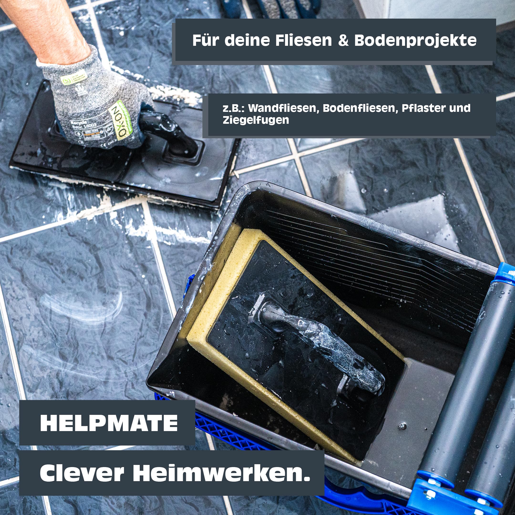 Tile washing set, 5-piece: 12-liter plastic bucket, double roller attachment, tile washing board and grouting board. Made in Germany.