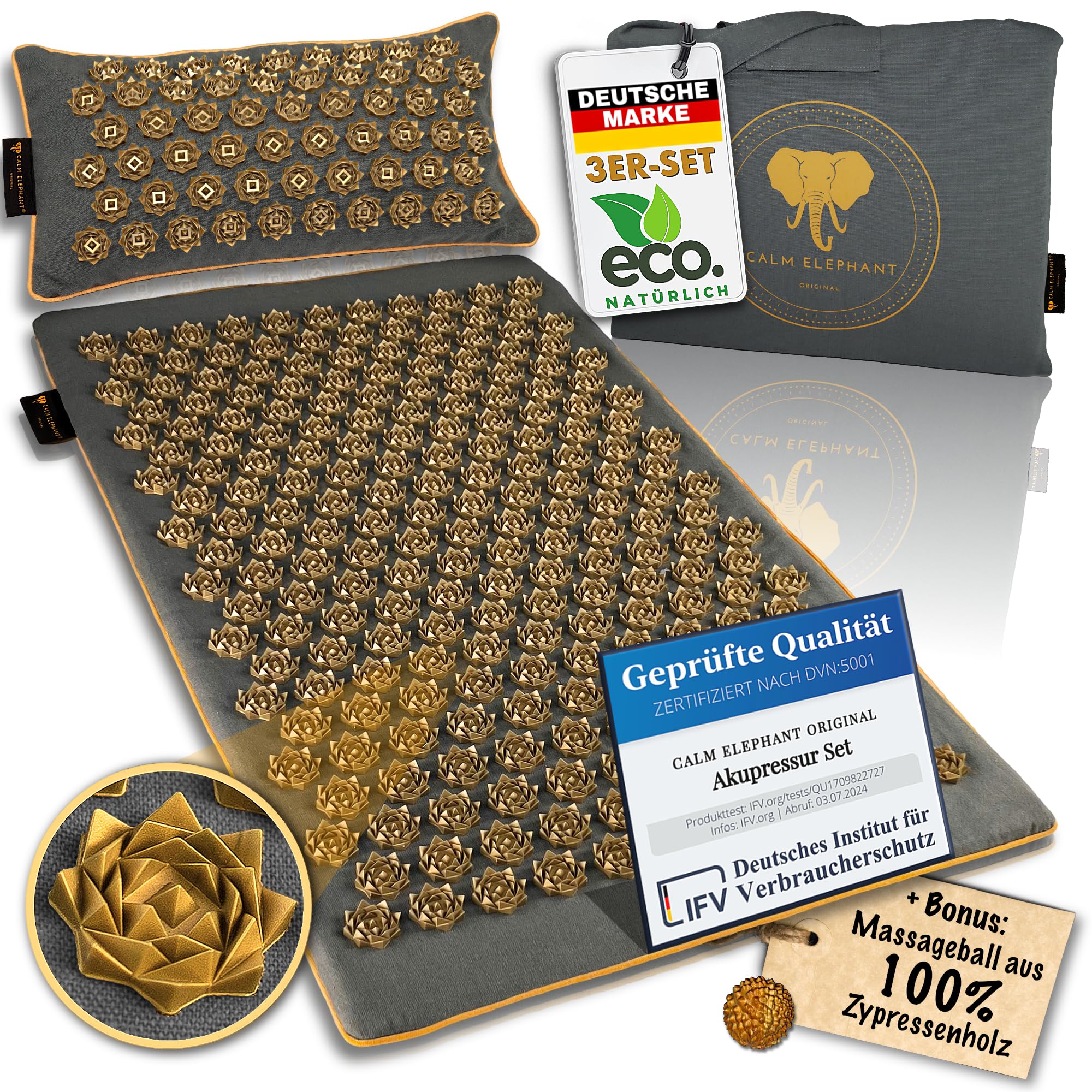 Echte Akupressurmatte mit Kissen XXL Set aus 5 Massagematten Rückenspannung Entlastung Akupunkturmatte mit Wärmefunktion, Lumbalkissen, Doormatte & Tasche, Grau