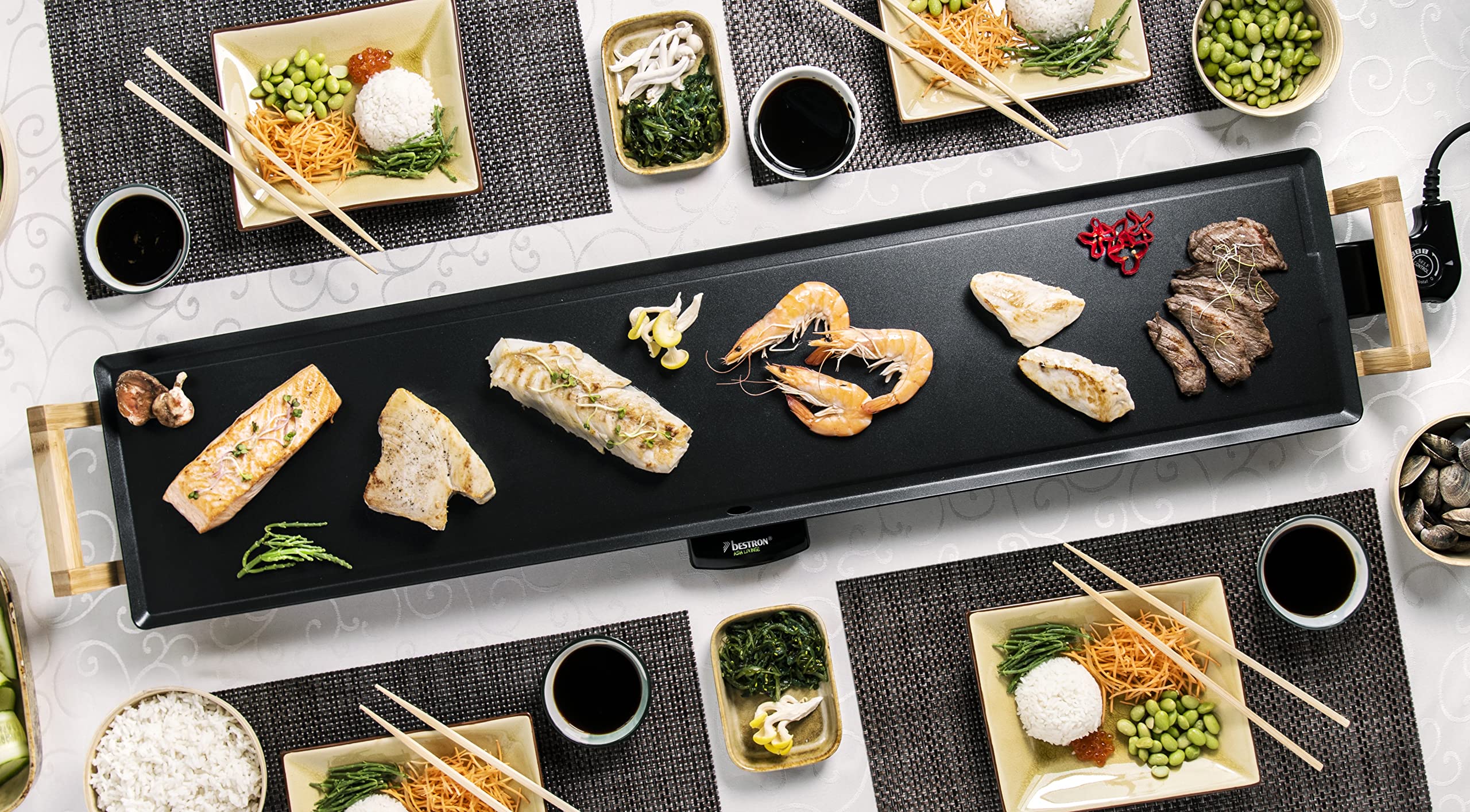 Teppanyaki Grillplatte in Asien Design, mit Bambusgriffen