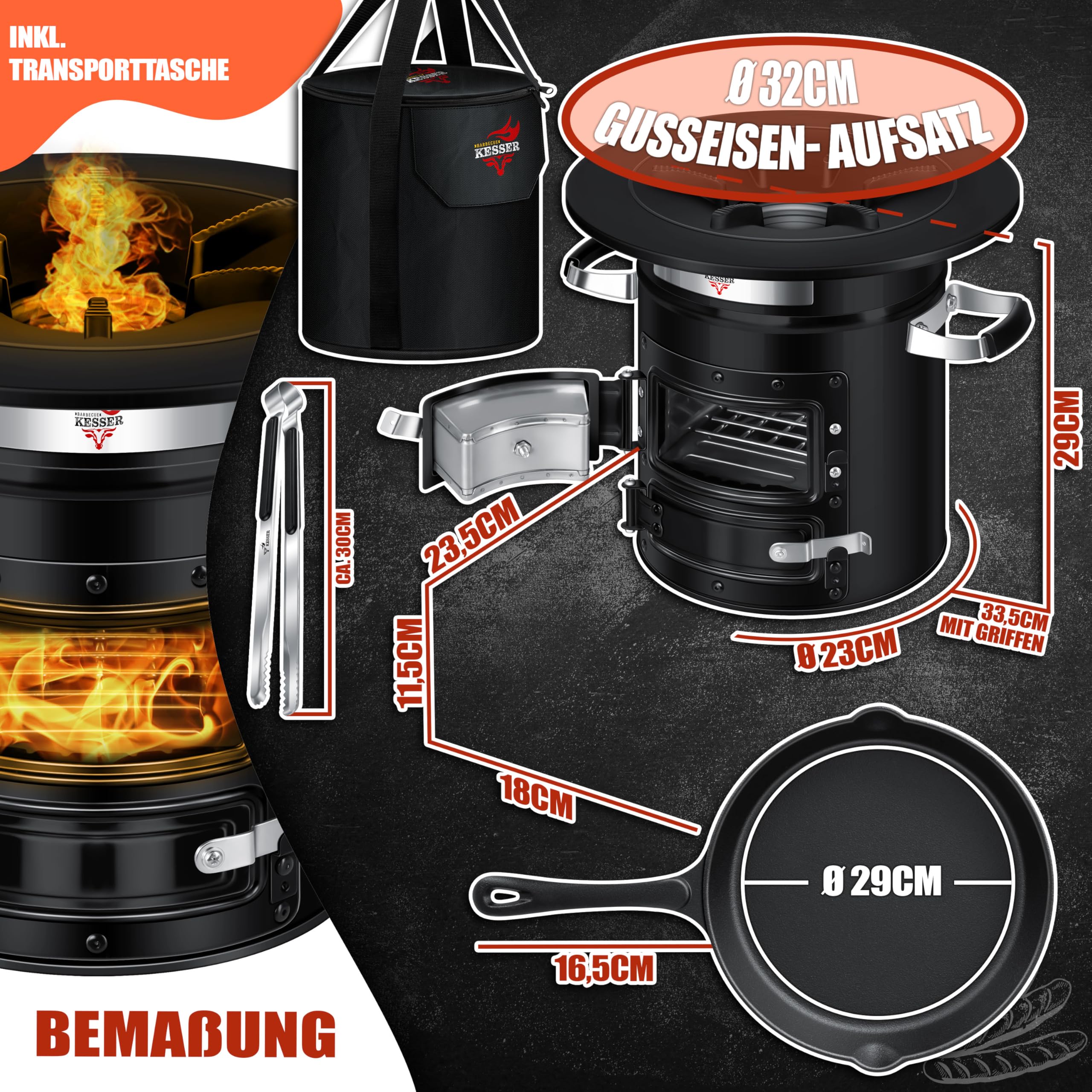 Raketenherd mit Gusseisen-Grillpfanne / Enthält Grillzange & Tragetasche /Camping Grill Edelstahl