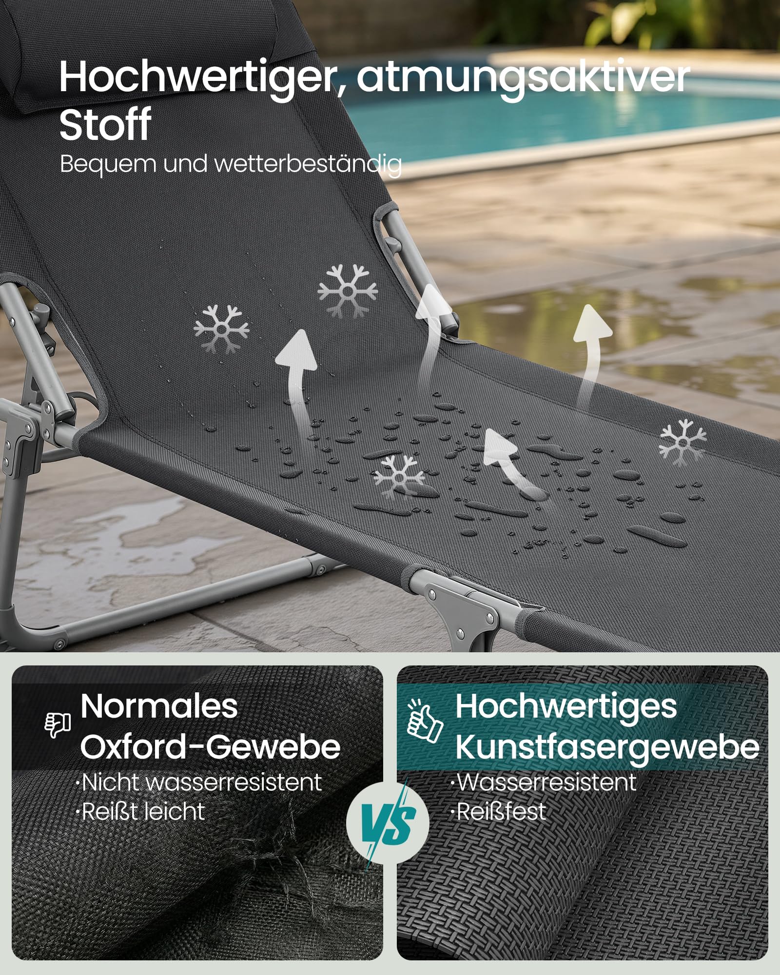 Sonnenliege, klappbarer Liegestuhl, 193 x 53 x 29 cm, trägt bis zu 150 kg, Sonnenschutz, Kopfkissen, verstellbare Rückenlehne, für Garten, Pool, Terrasse