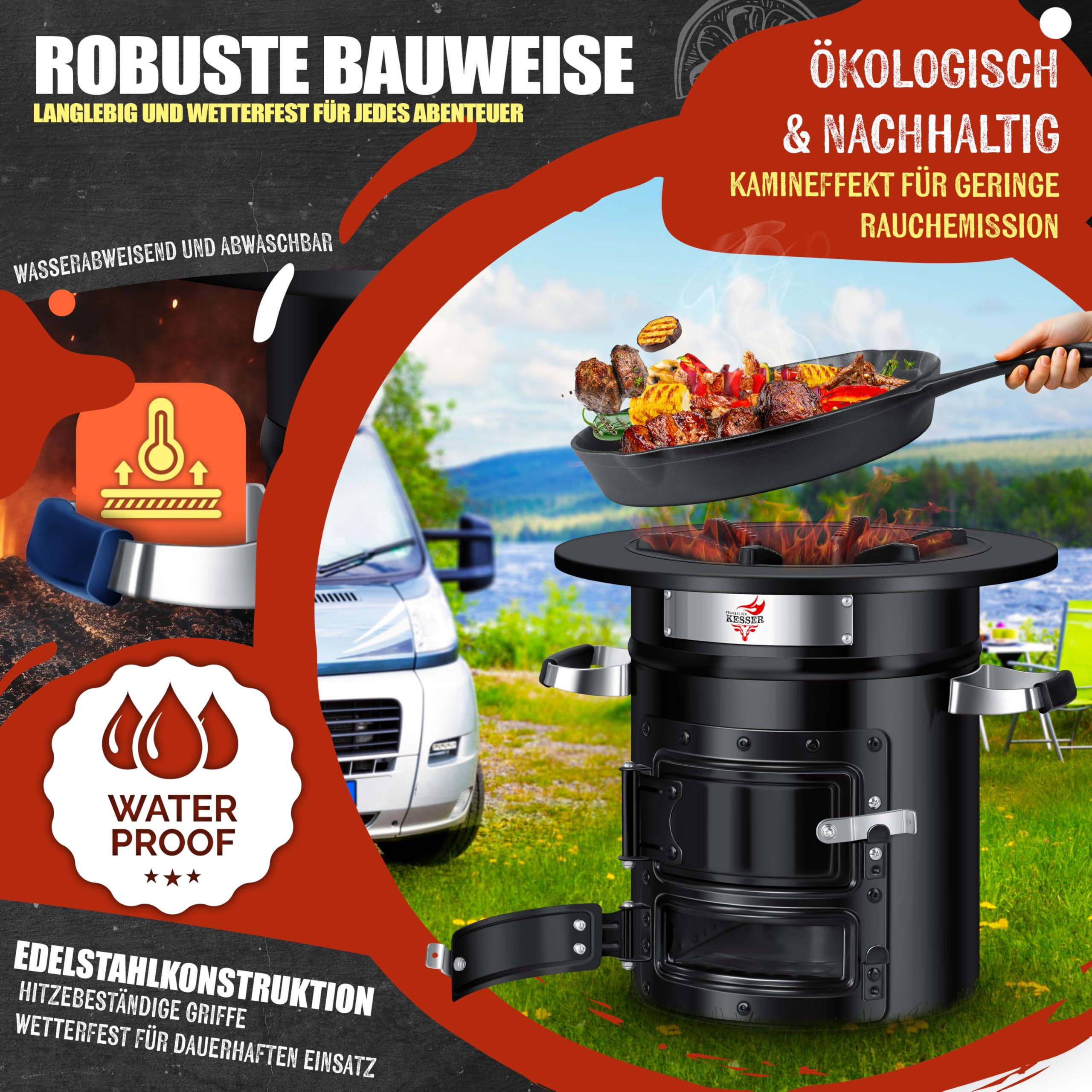 Raketenherd mit Gusseisen-Grillpfanne / Enthält Grillzange & Tragetasche /Camping Grill Edelstahl
