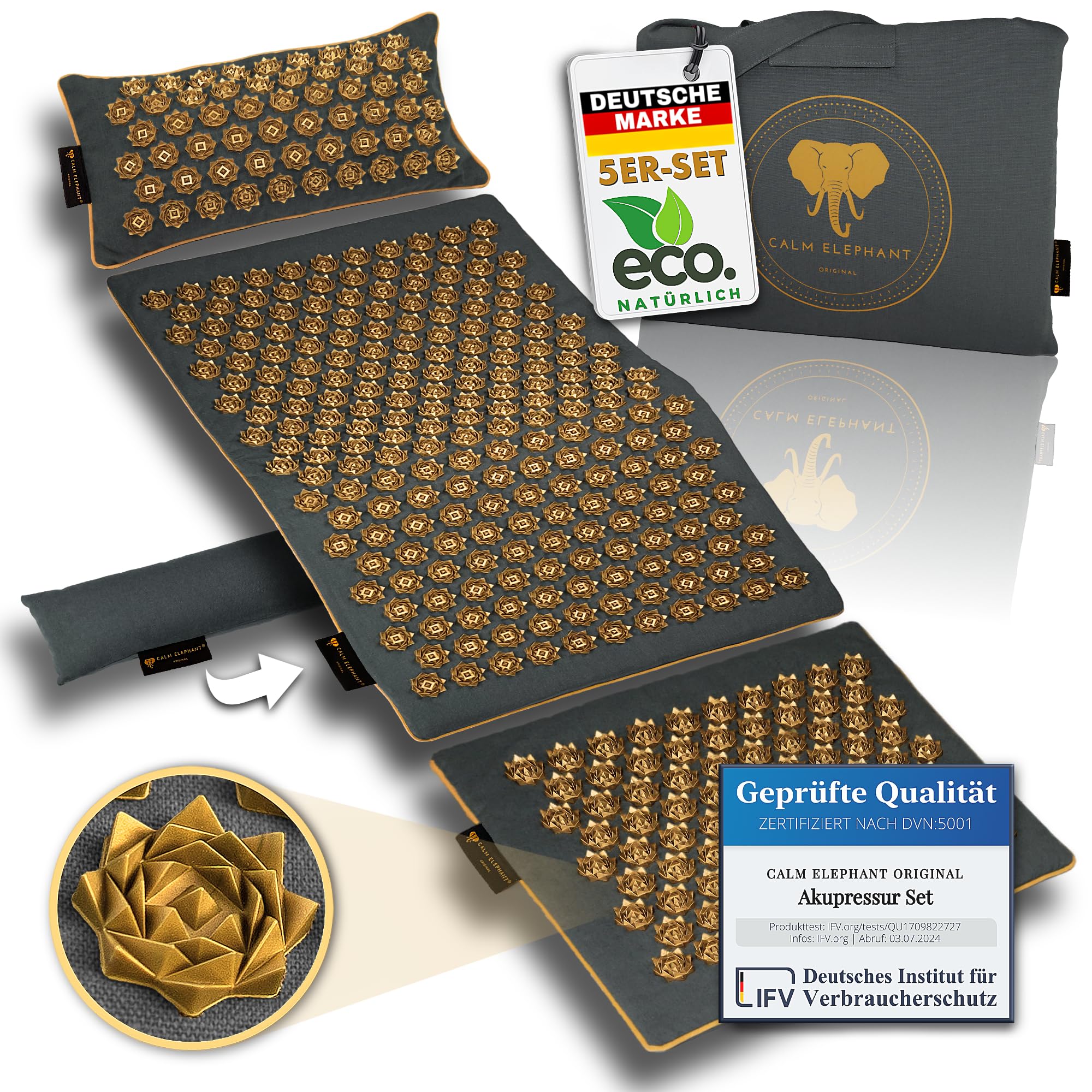 Echte Akupressurmatte mit Kissen XXL Set aus 5 Massagematten Rückenspannung Entlastung Akupunkturmatte mit Wärmefunktion, Lumbalkissen, Doormatte & Tasche, Grau