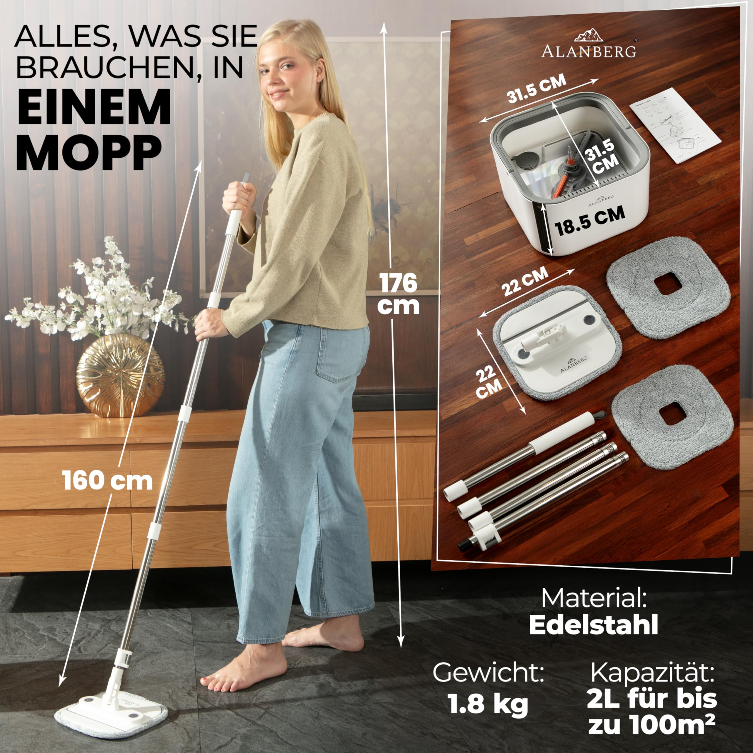 Wischmopp Set mit Eimer, 2-Kammer-System Frisch-/Schmutzwasser Trennung, selbst-auswringend, 160 cm Stiel & 2 Mikrofaser-Pads, für alle Böden, Grau