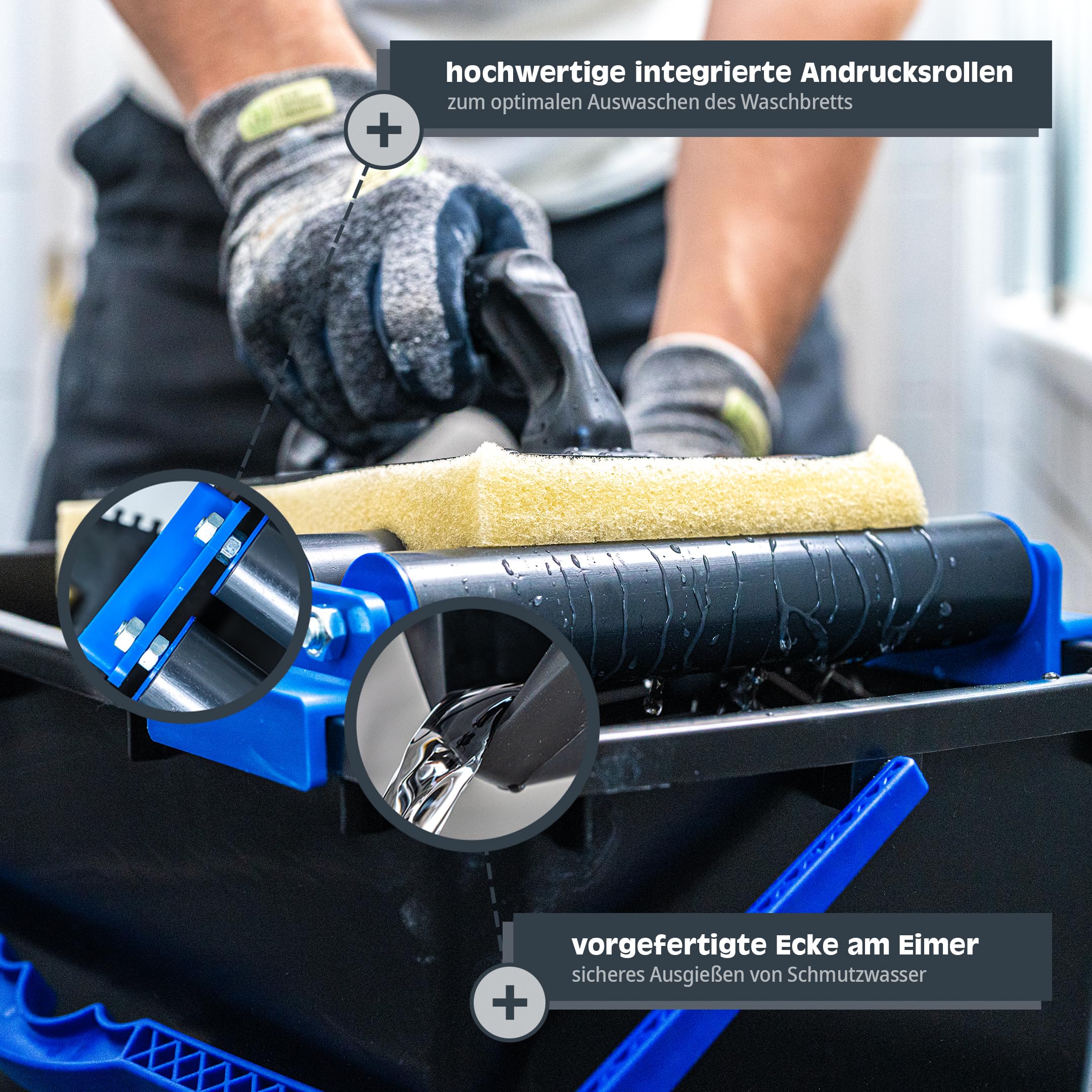 Fliesenwaschset 5-teilig 12 Liter Kunststoff Eimer, Doppelrollenaufsatz, Fliesenwaschbrett und Verfugbrett Made in Germany
