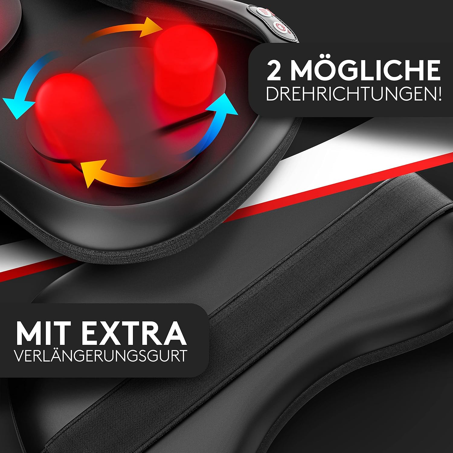 Massagekissen mit Wärmefunktion & 360° Drehung - Shiatsu Nackenmassagegerät mit 3 Geschwindigkeiten für Schultern & Rücken - inkl. Verlängerungsgurt - Neck Massager, Schwarz