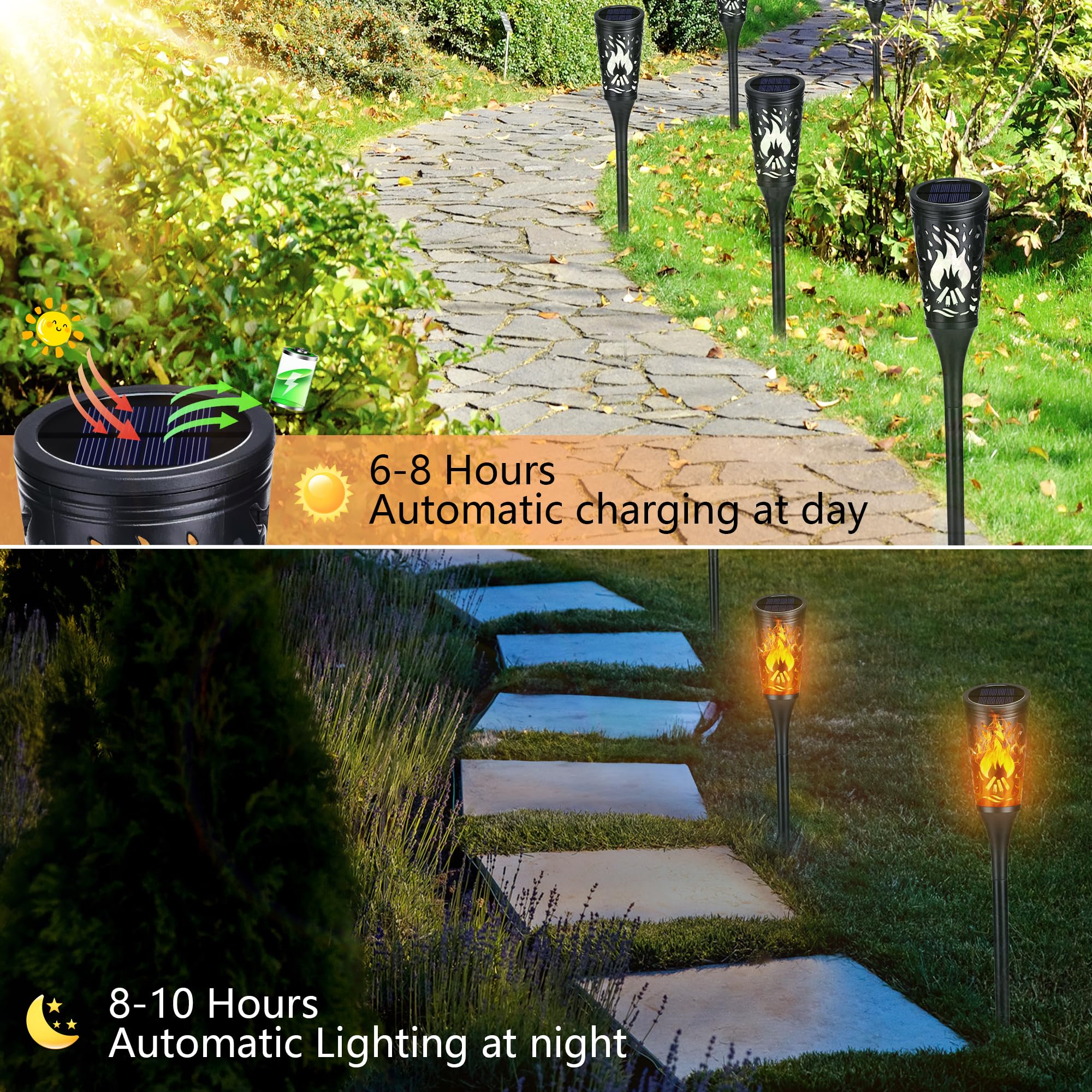 6 Stück Solarlampen für Außen - 12 LED Solarleuchten Garten mit Realistischer Flammeneffekt, IP65 Wasserdicht Gartenfackeln Solar für Außen, Hinterhöfe, Gärten, Rasen Beleuchtung