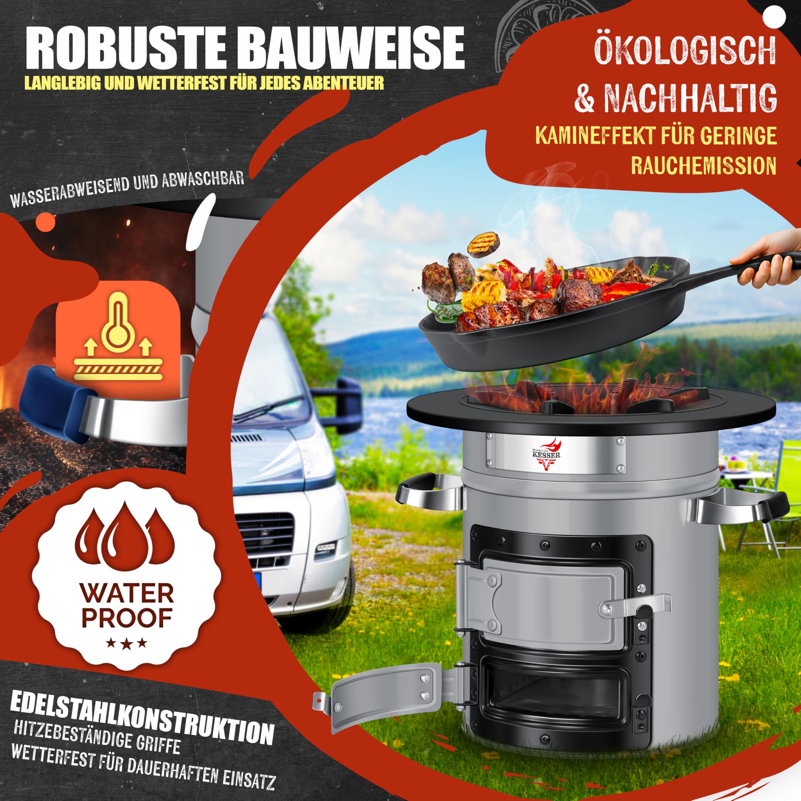 Raketenherd mit Gusseisen-Grillpfanne / Enthält Grillzange & Tragetasche /Camping Grill Edelstahl