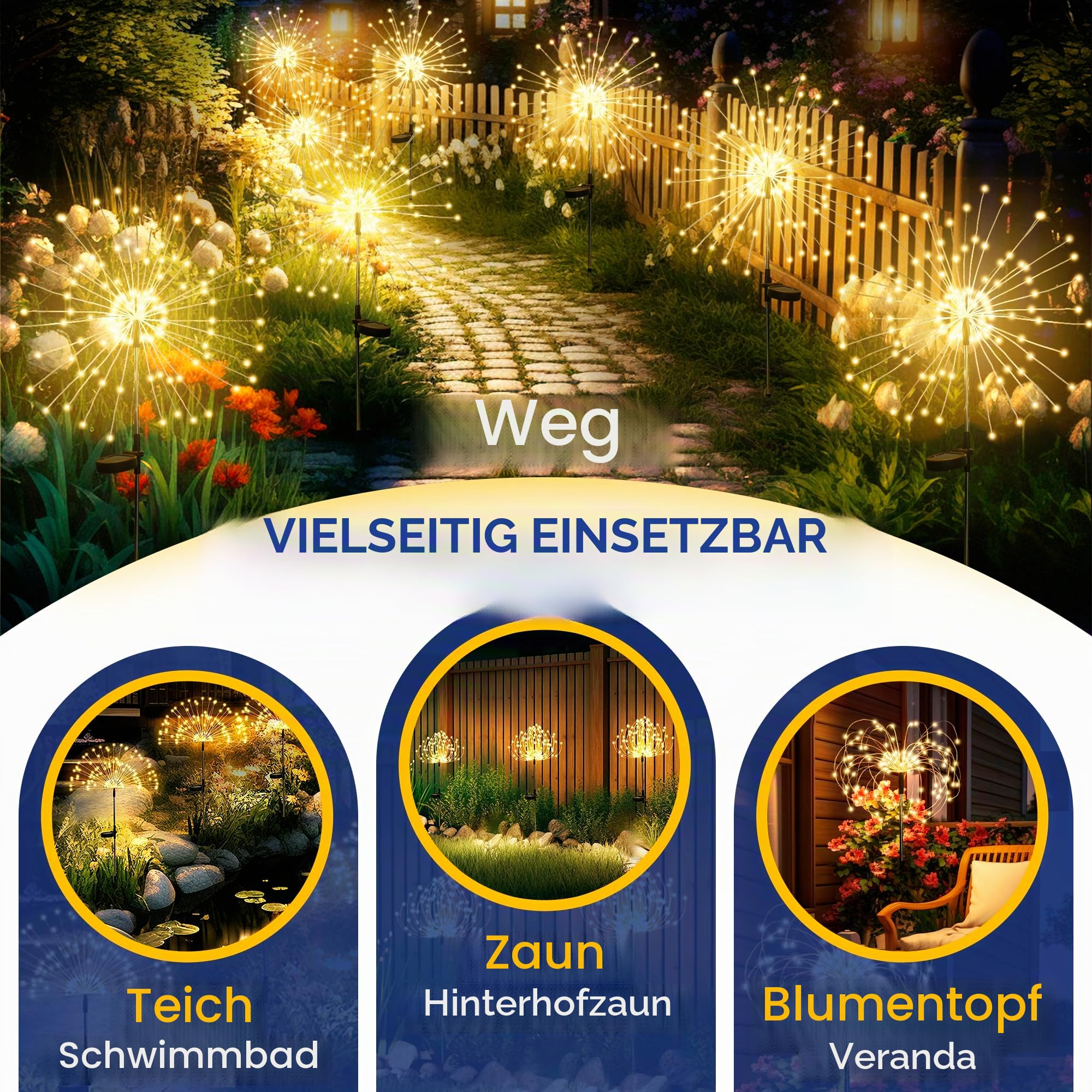 Gartendeko Solarleuchten für Außen,4 Stück 120 LED Feuerwerk Solarleuchten, Wetterfest Pusteblume Solarlampen für Balkon Terrasse Blumenkästen Hof Deko