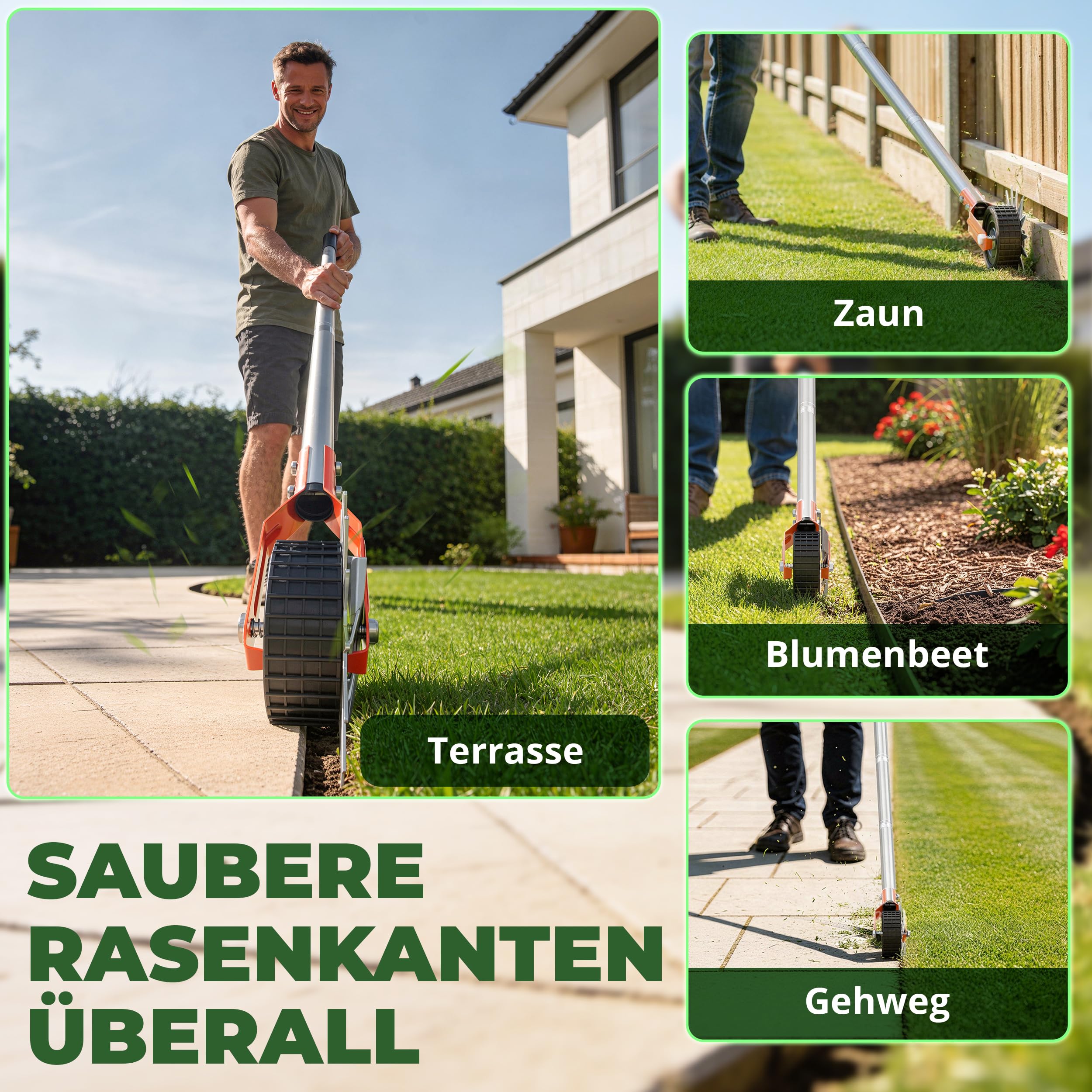 Rasenkantenschneider – 4-teilig Verstellbarer Edelstahlgriff, ideal für Jede Körpergröße, verbesserter gepolsterter Griff, gut ausbalancierte Rollen, inkl. Schleifmesser