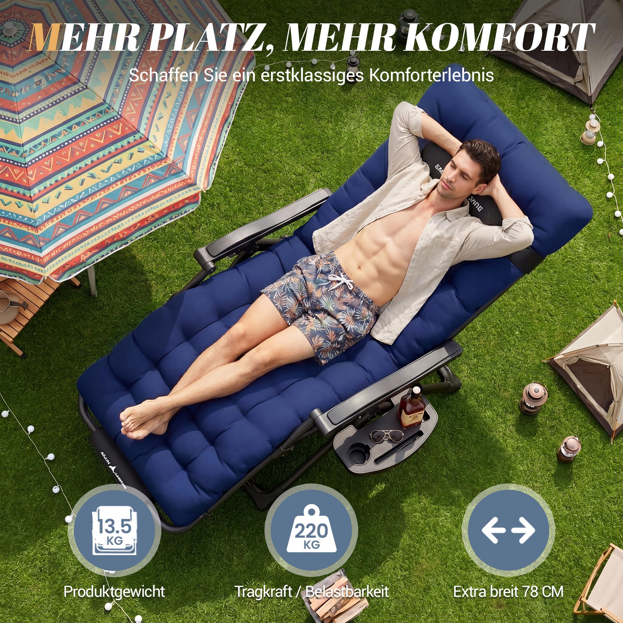 Sonnenliege Liegestuhl Klappbar Mit Getränkehalter Gartenstuhl Mit Auflage Polster, Liegestuhl, Extra groß Gartenliege, Verstellbar Rückenlehne Garten Liege