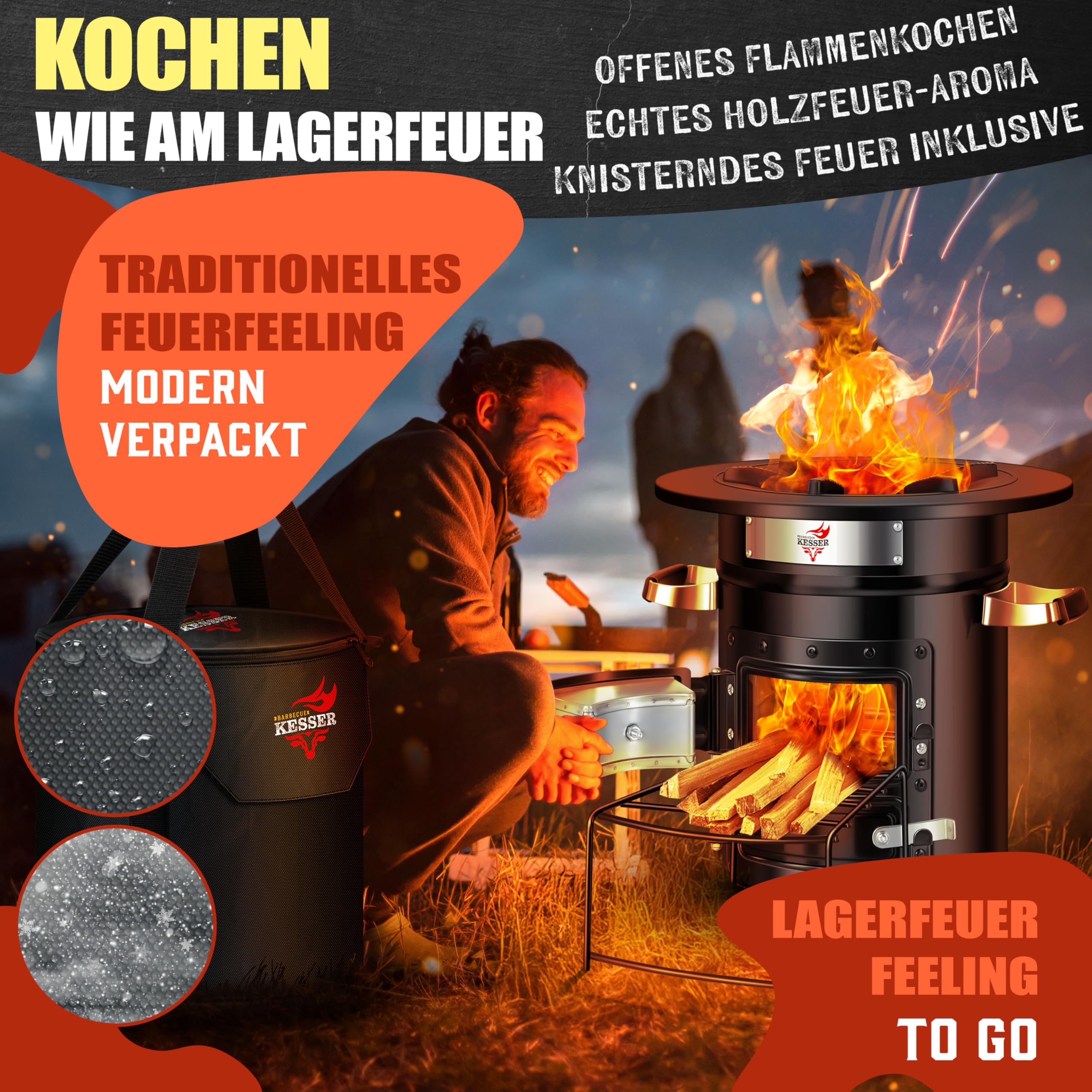 Raketenherd mit Gusseisen-Grillpfanne / Enthält Grillzange & Tragetasche /Camping Grill Edelstahl
