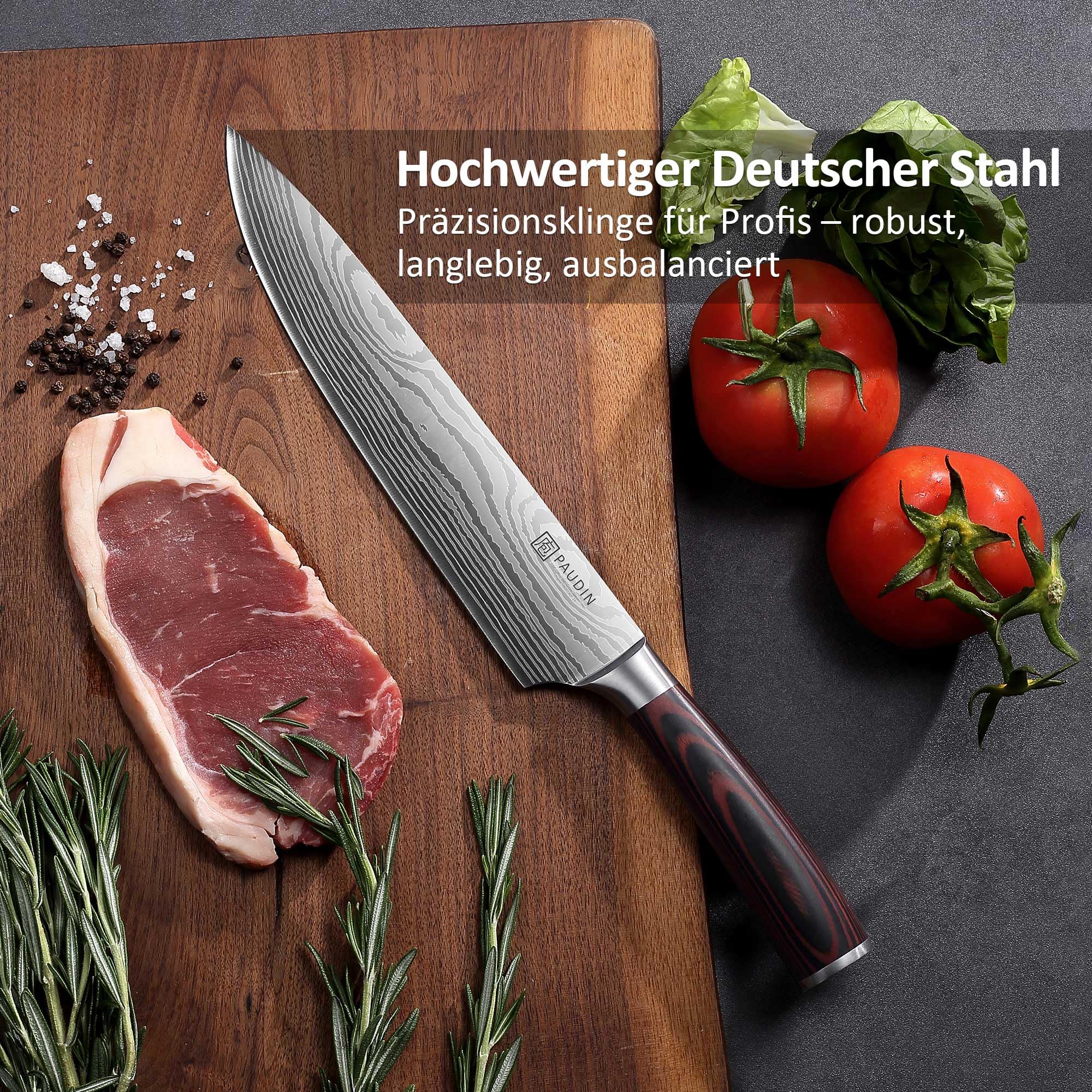 Küchenmesser-Set, 5-teiliges Küchenmesser-Set aus hochwertigem Kohlenstoff-Edelstahl, Ultra Sharp Messer-Set mit Kochmesser, Hackmesser, Nutzmesser