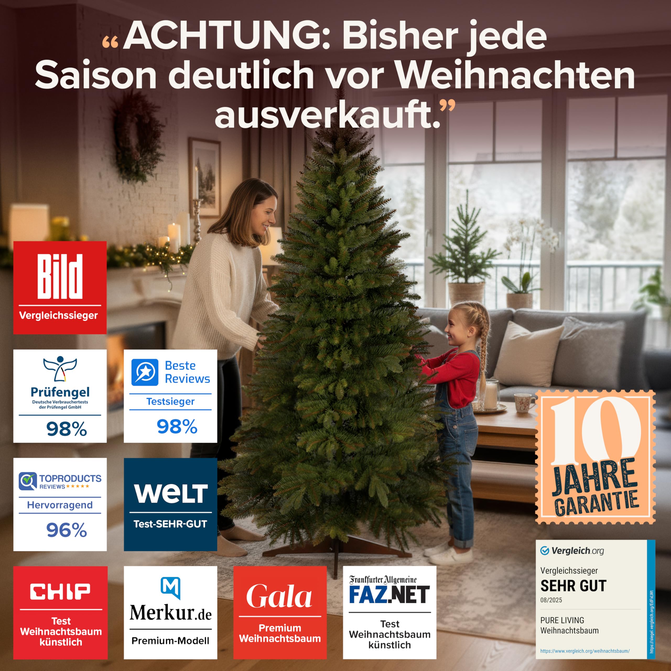 Künstlicher Weihnachtsbaum - Lebensähnlich, besonders dichte Äste, einfache Montage, Made in EU - Premium-Weihnachtsbaum mit Holzständer, Aufbewahrungstasche - Eleganter Nordmann Tannenbaum / Varianten Auswahl - Restposten Neu & OVP!