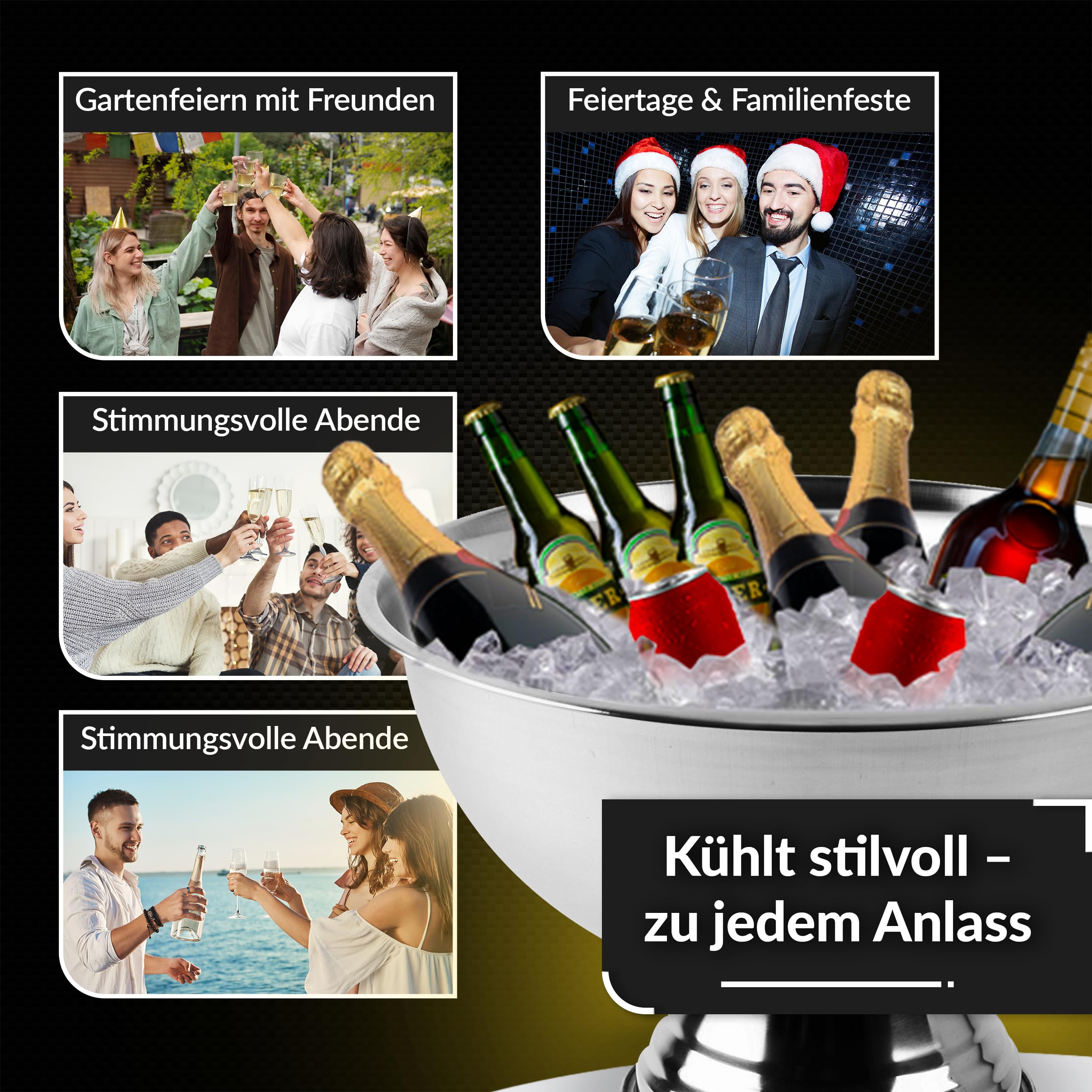 Design Sektkühler aus Edelstahl Ø40 cm Champagnerschale für bis zu 6 Flaschen – Flaschenkühler für den edlen Genuss von Champagner, Sekt, Wein, Spirituosen, Bier (40, Silber poliert)