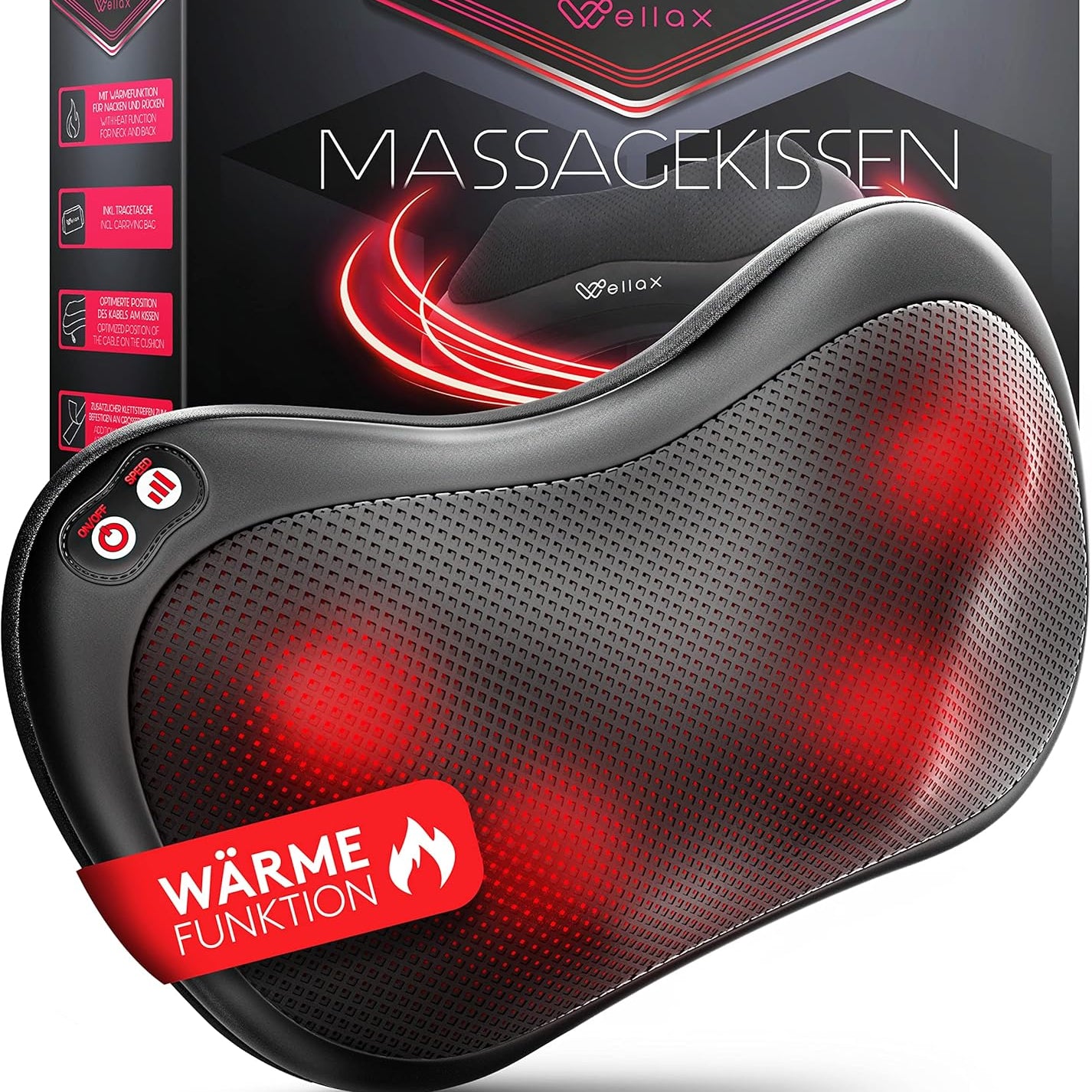 Massagekissen mit Wärmefunktion & 360° Drehung - Shiatsu Nackenmassagegerät mit 3 Geschwindigkeiten für Schultern & Rücken - inkl. Verlängerungsgurt - Neck Massager, Schwarz