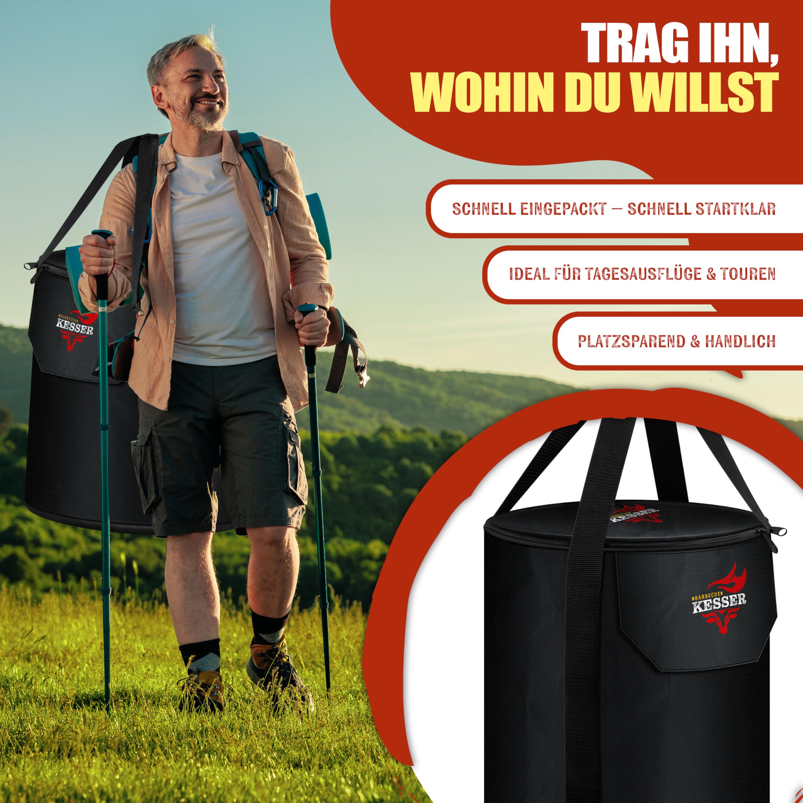 Raketenherd mit Gusseisen-Grillpfanne / Enthält Grillzange & Tragetasche /Camping Grill Edelstahl