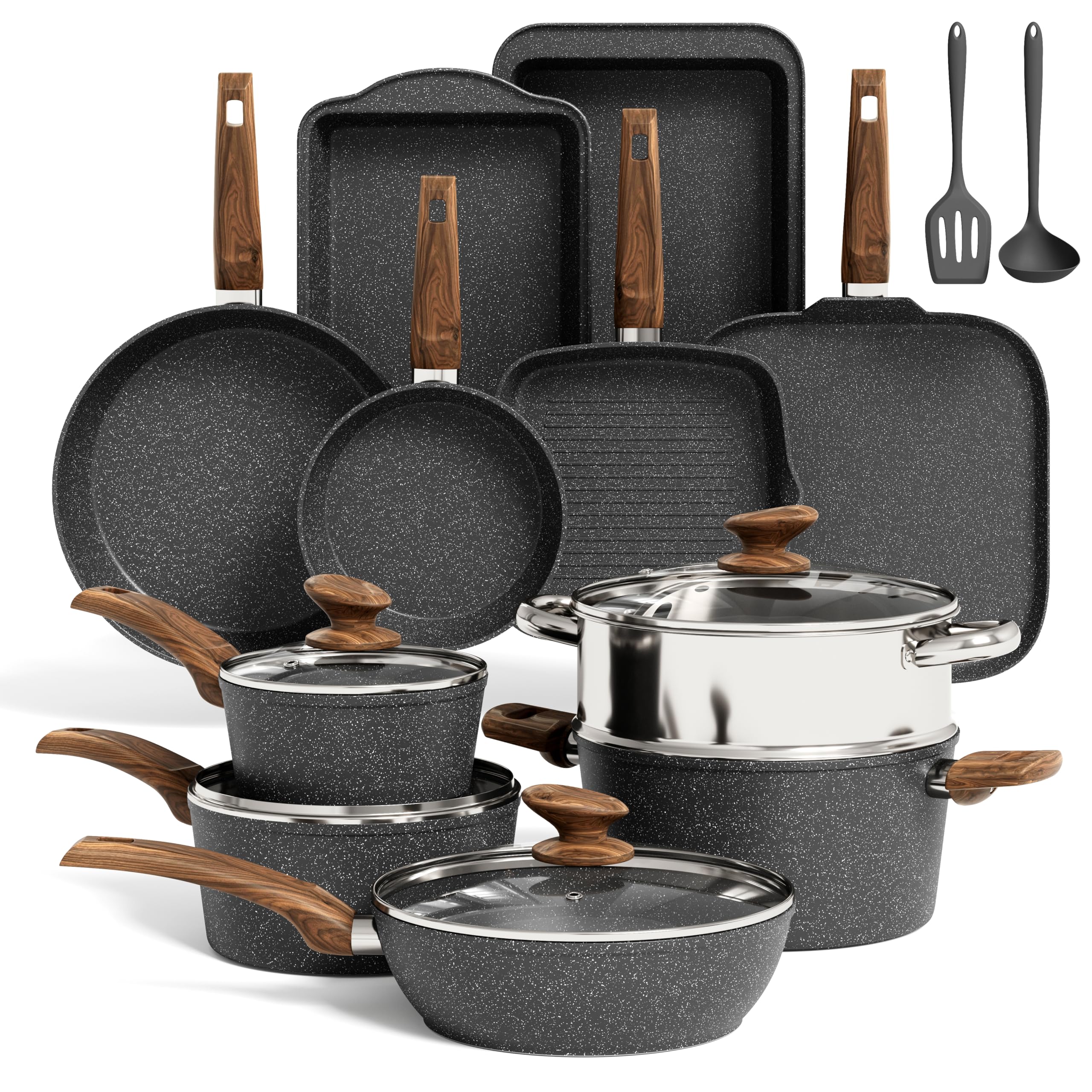 30-teiliges Non-Stick Induktionskochgeschirr und Kochgeschirr Set, Granitbeschichtung