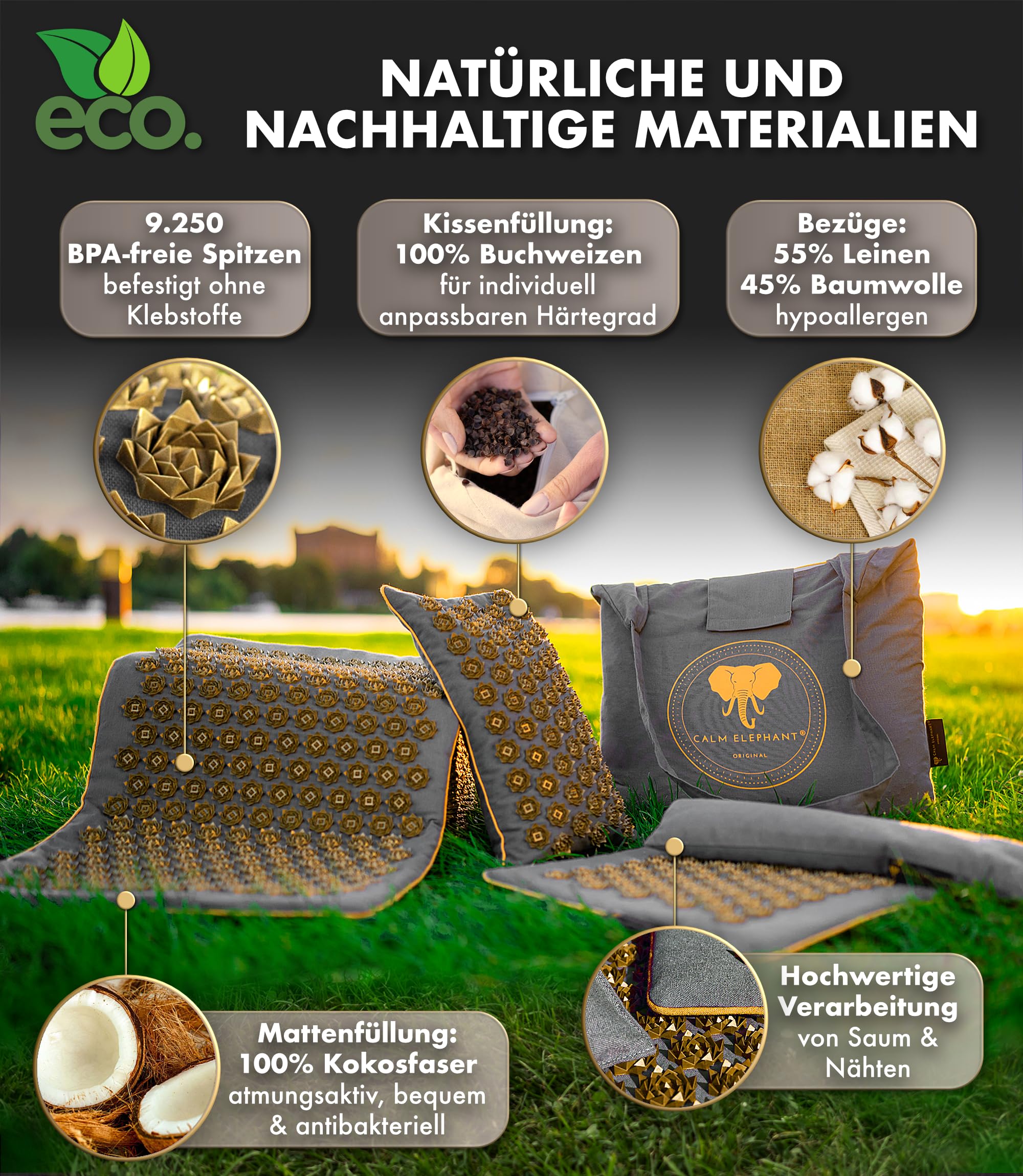 Echte Akupressurmatte mit Kissen XXL Set aus 5 Massagematten Rückenspannung Entlastung Akupunkturmatte mit Wärmefunktion, Lumbalkissen, Doormatte & Tasche, Grau