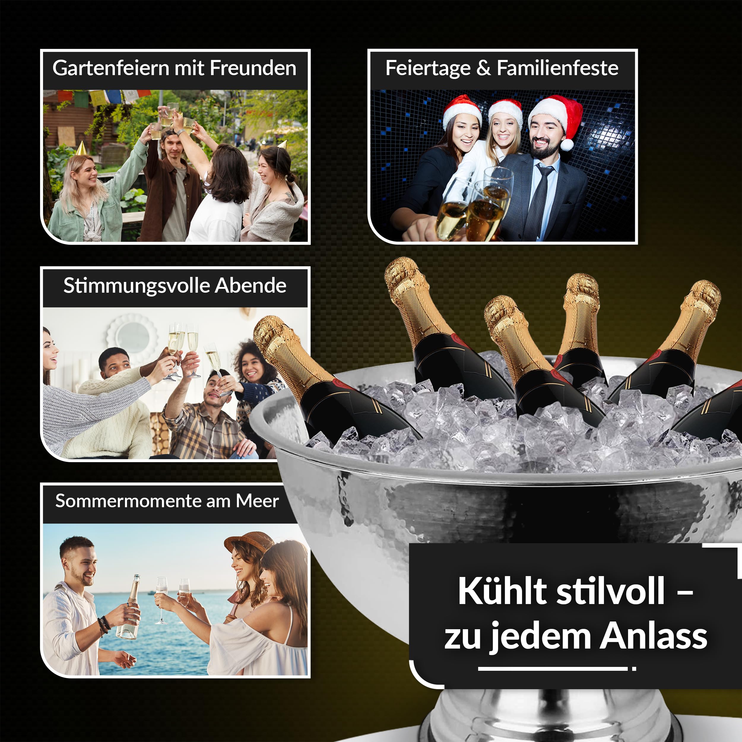 Design Sektkühler aus Edelstahl Ø40 cm Champagnerschale für bis zu 6 Flaschen – Flaschenkühler für den edlen Genuss von Champagner, Sekt, Wein, Spirituosen, Bier (40, Silber poliert)