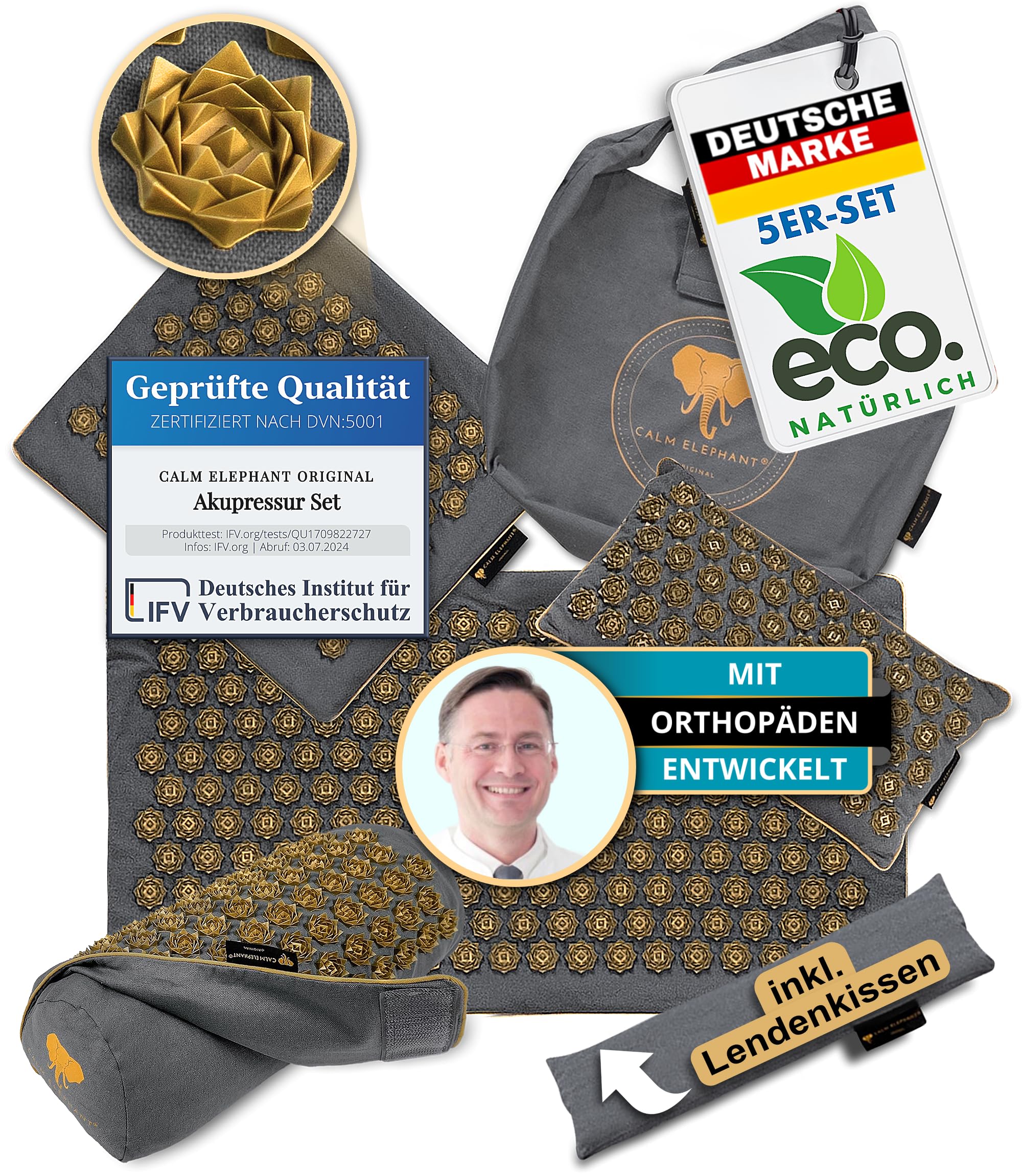 Echte Akupressurmatte mit Kissen XXL Set aus 5 Massagematten Rückenspannung Entlastung Akupunkturmatte mit Wärmefunktion, Lumbalkissen, Doormatte & Tasche, Grau