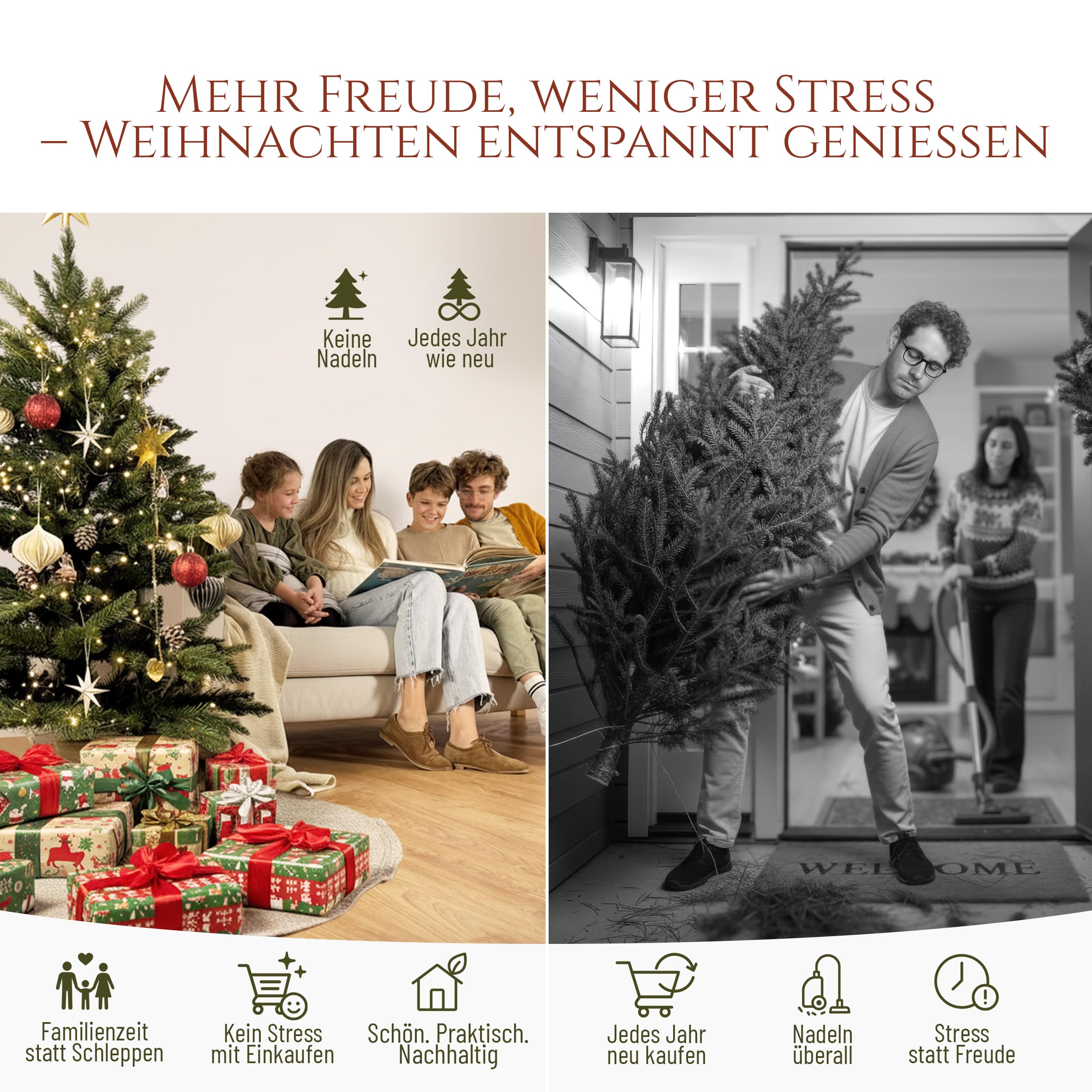 Künstlicher Weihnachtsbaum - Lebensähnlich, besonders dichte Äste, einfache Montage, Made in EU - Premium-Weihnachtsbaum mit Holzständer, Aufbewahrungstasche - Eleganter Nordmann Tannenbaum / Varianten Auswahl - Restposten Neu & OVP!
