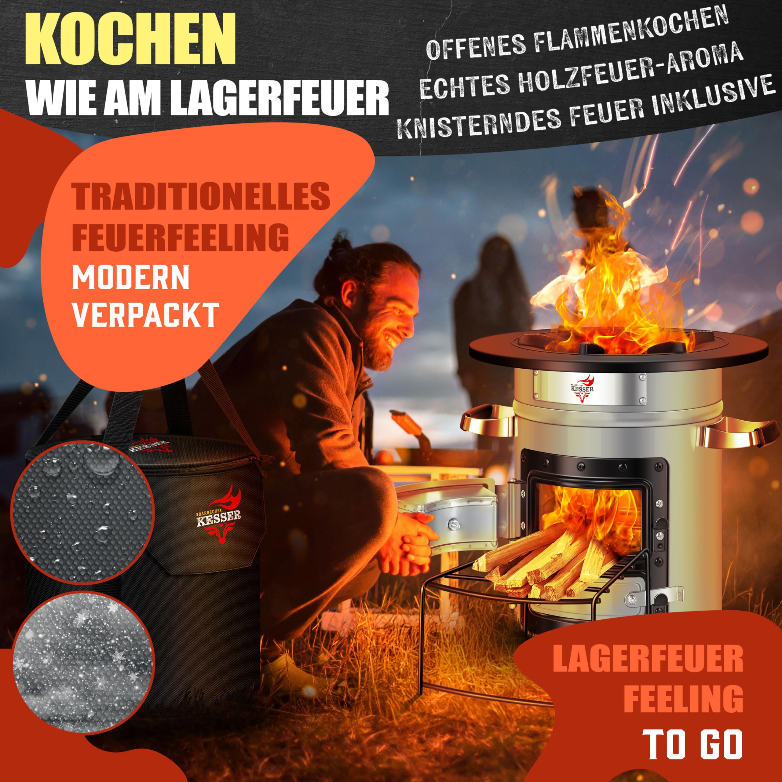 Raketenherd mit Gusseisen-Grillpfanne / Enthält Grillzange & Tragetasche /Camping Grill Edelstahl