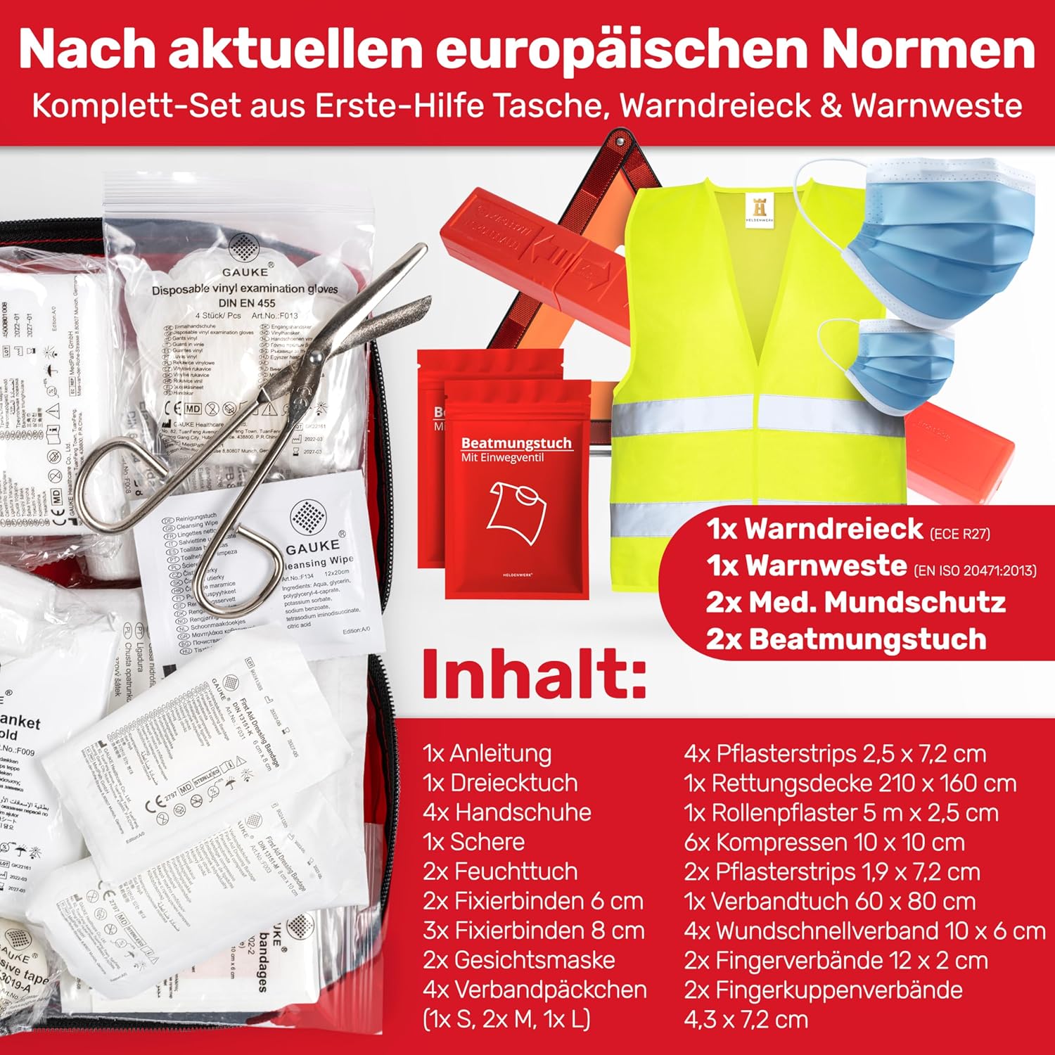KFZ Kombitasche (3 in 1) nach aktueller Norm 2026 - Inkl. Warndreieck, Warnweste - Verbandskasten Warndreieck Set Verbandskasten Auto DIN 13164:2022