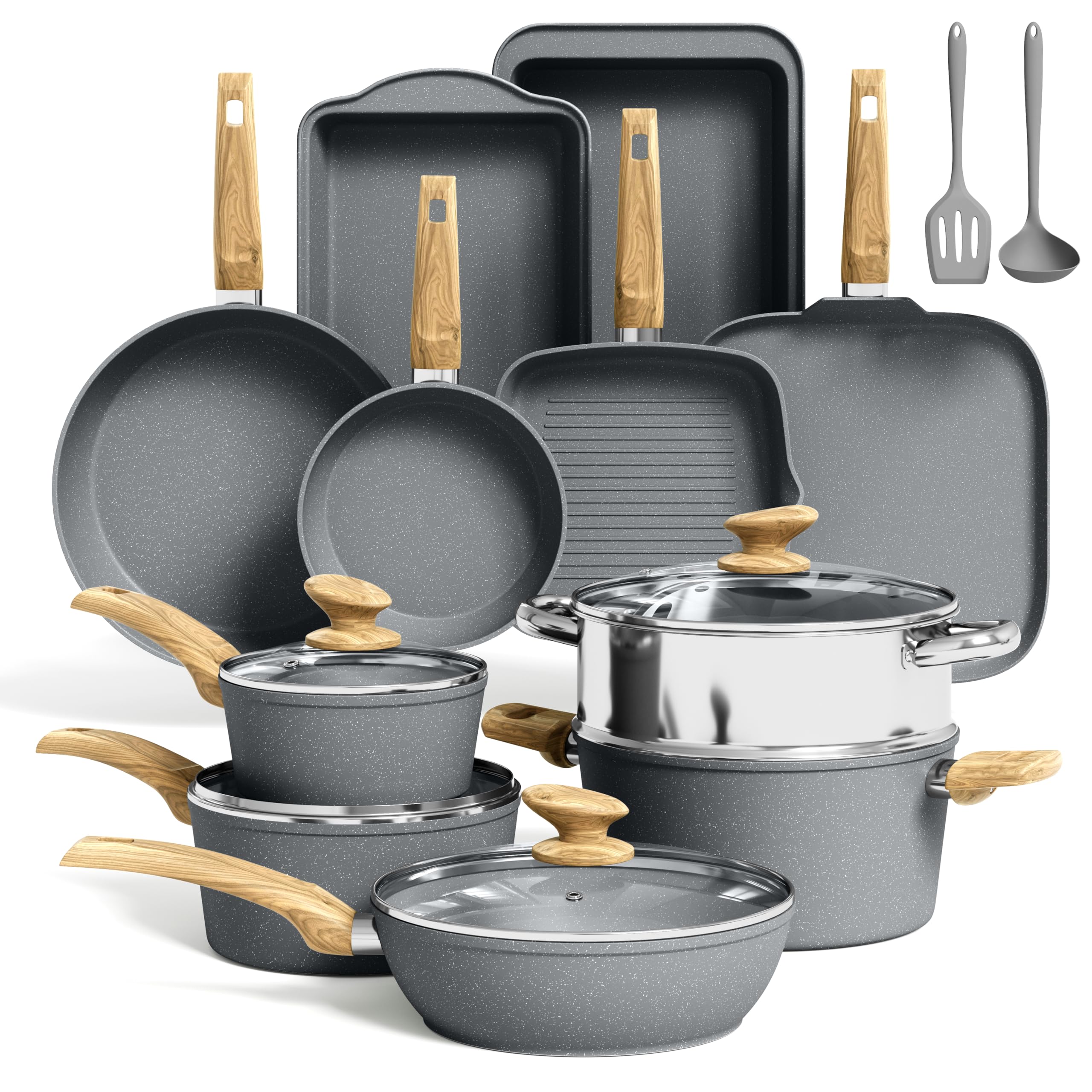 30-teiliges Non-Stick Induktionskochgeschirr und Kochgeschirr Set, Granitbeschichtung