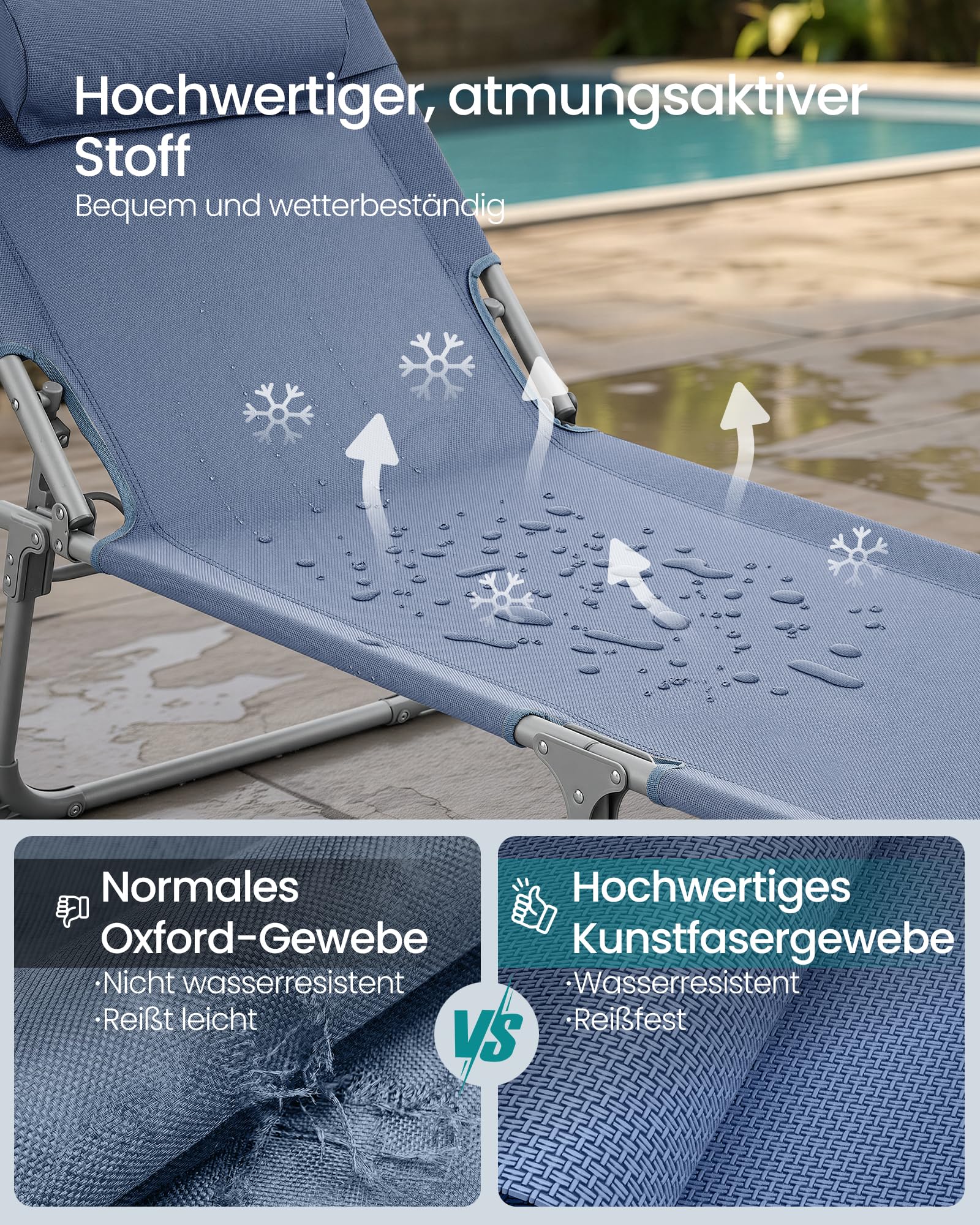Sonnenliege, klappbarer Liegestuhl, 193 x 53 x 29 cm, trägt bis zu 150 kg, Sonnenschutz, Kopfkissen, verstellbare Rückenlehne, für Garten, Pool, Terrasse