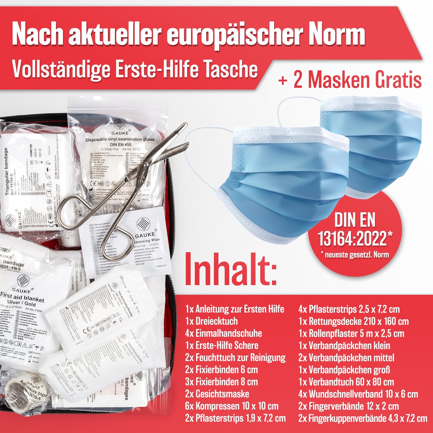 Trousse de premiers secours conforme à la norme en vigueur 2025 - Utilisable dans toute l'Europe - Trousse de premiers secours pour voiture DIN 13164:2022 (conforme à la réglementation routière allemande)