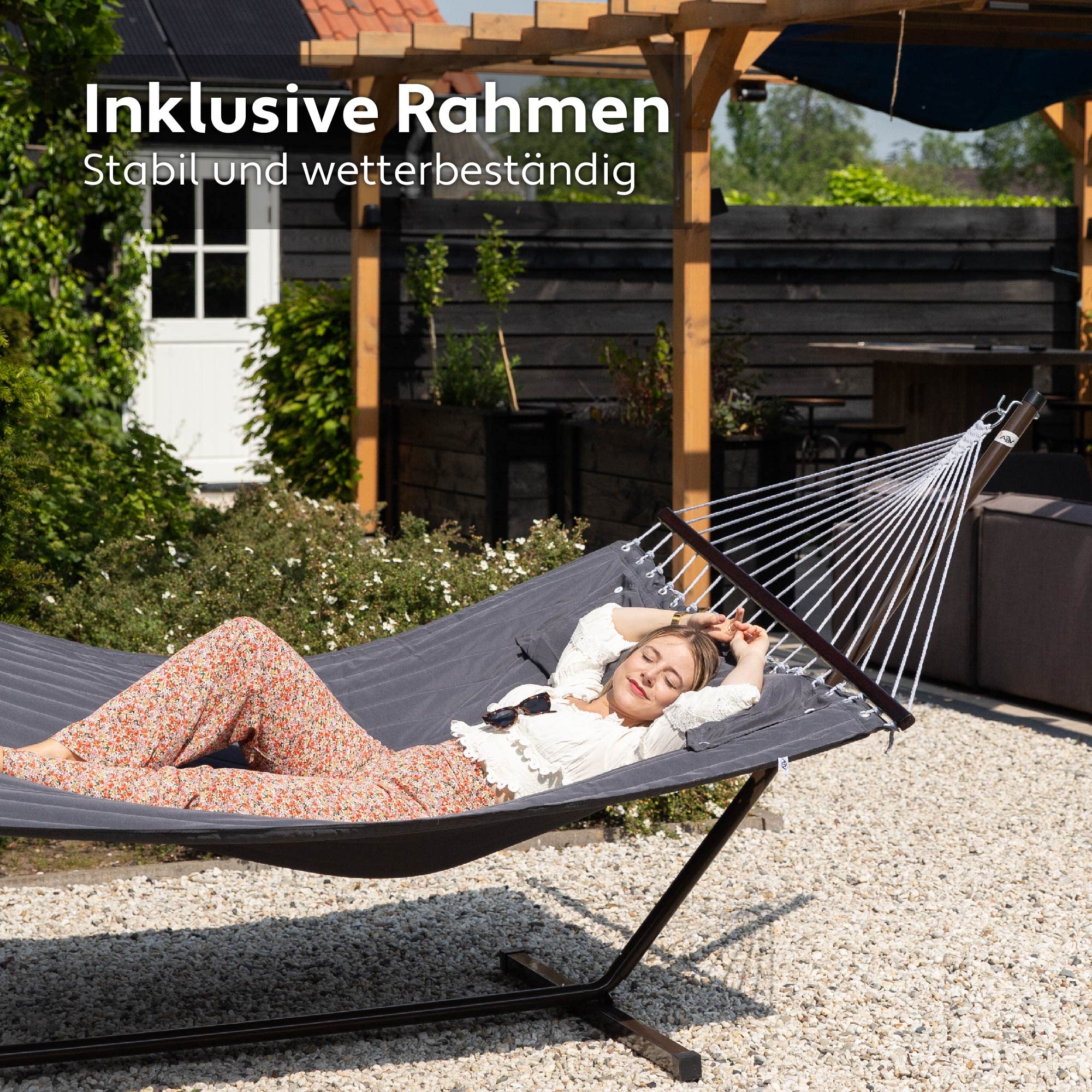 Hängematte mit Gestell und Tisch - Hängematte Outdoor für den Garten, Pool & Balkon - Großzügige Hängematten 2 Personen - Doppelhängematte mit Ständer und Beistelltisch - 200 kg Belastbarkeit