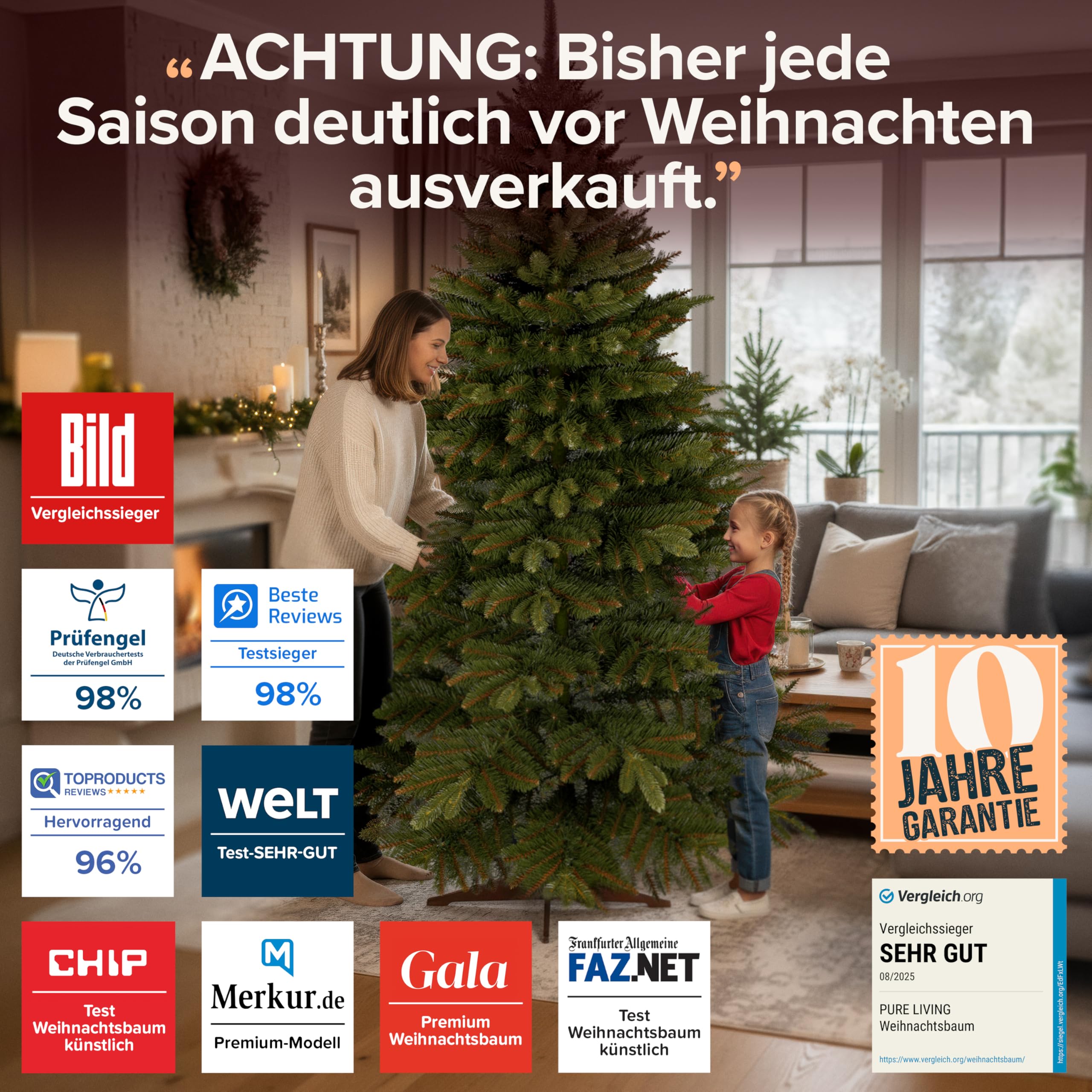 Künstlicher Weihnachtsbaum - Lebensähnlich, besonders dichte Äste, einfache Montage, Made in EU - Premium-Weihnachtsbaum mit Holzständer, Aufbewahrungstasche - Eleganter Nordmann Tannenbaum / Varianten Auswahl - Restposten Neu & OVP!