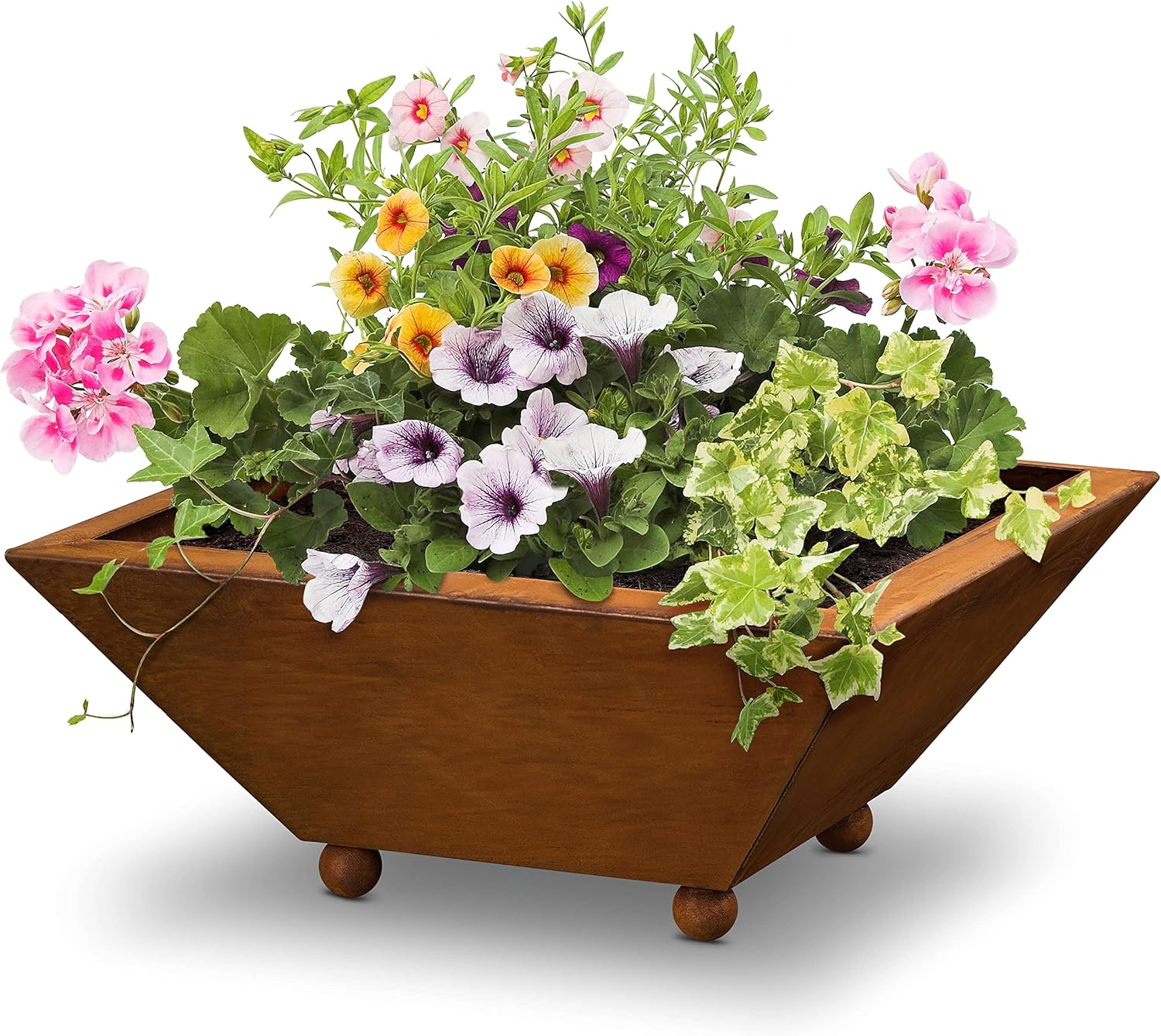 Edelrost Blumenschale 35 × 35 cm – Eckige Pflanzschale aus Cortenstahl auf Kugelfüßen – Wetterfeste Gartendeko für Garten, Terrasse & Hauseingang