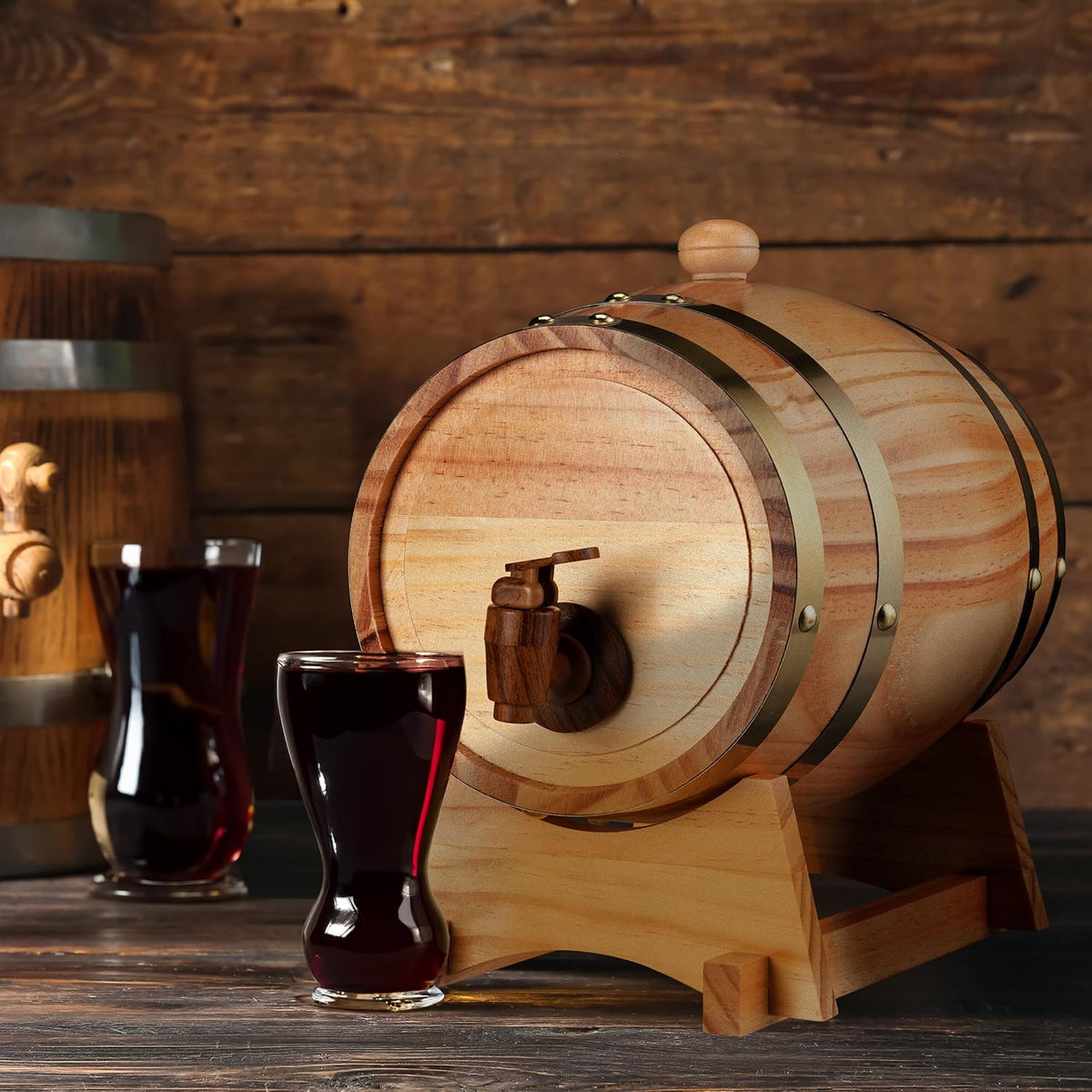 Schnapsfass, 2.2 l, Holz, Whiskyfass mit Bock & Zapfhahn, fĂŒr Whisky, Wein, Spirituosen, Deko Holzfass, Natur