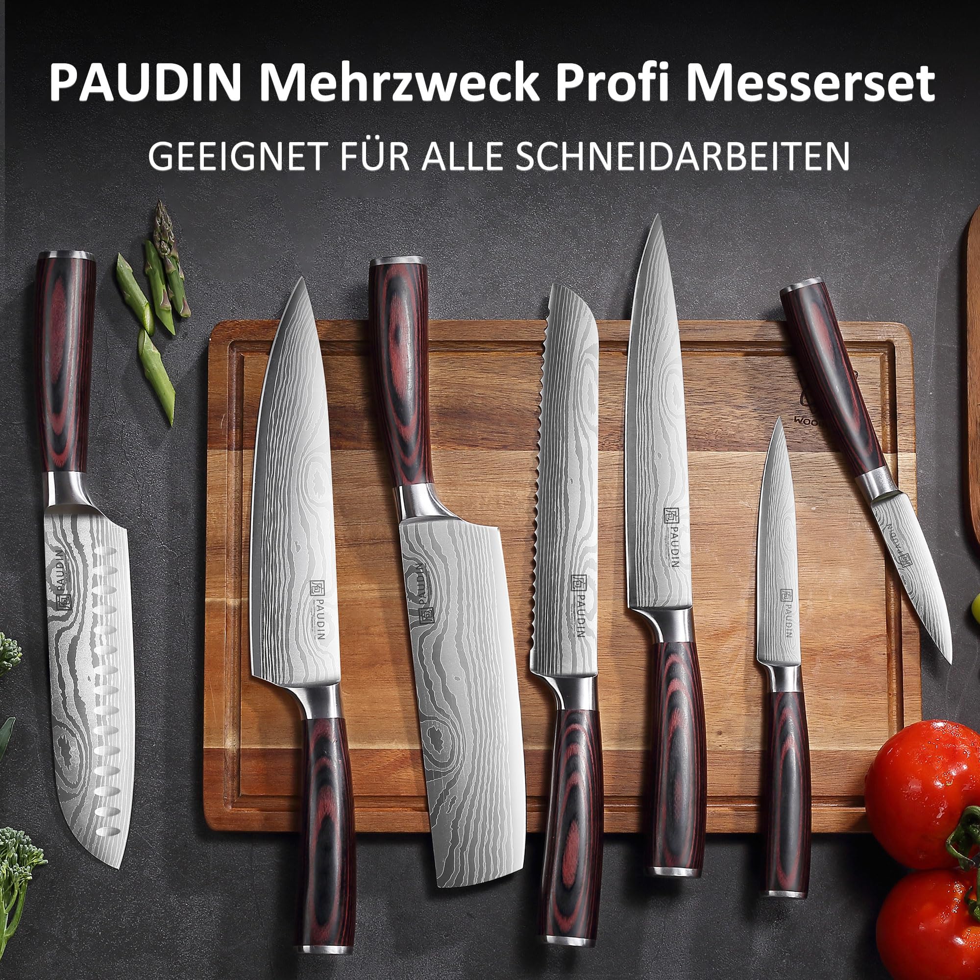 Küchenmesser-Set, 5-teiliges Küchenmesser-Set aus hochwertigem Kohlenstoff-Edelstahl, Ultra Sharp Messer-Set mit Kochmesser, Hackmesser, Nutzmesser