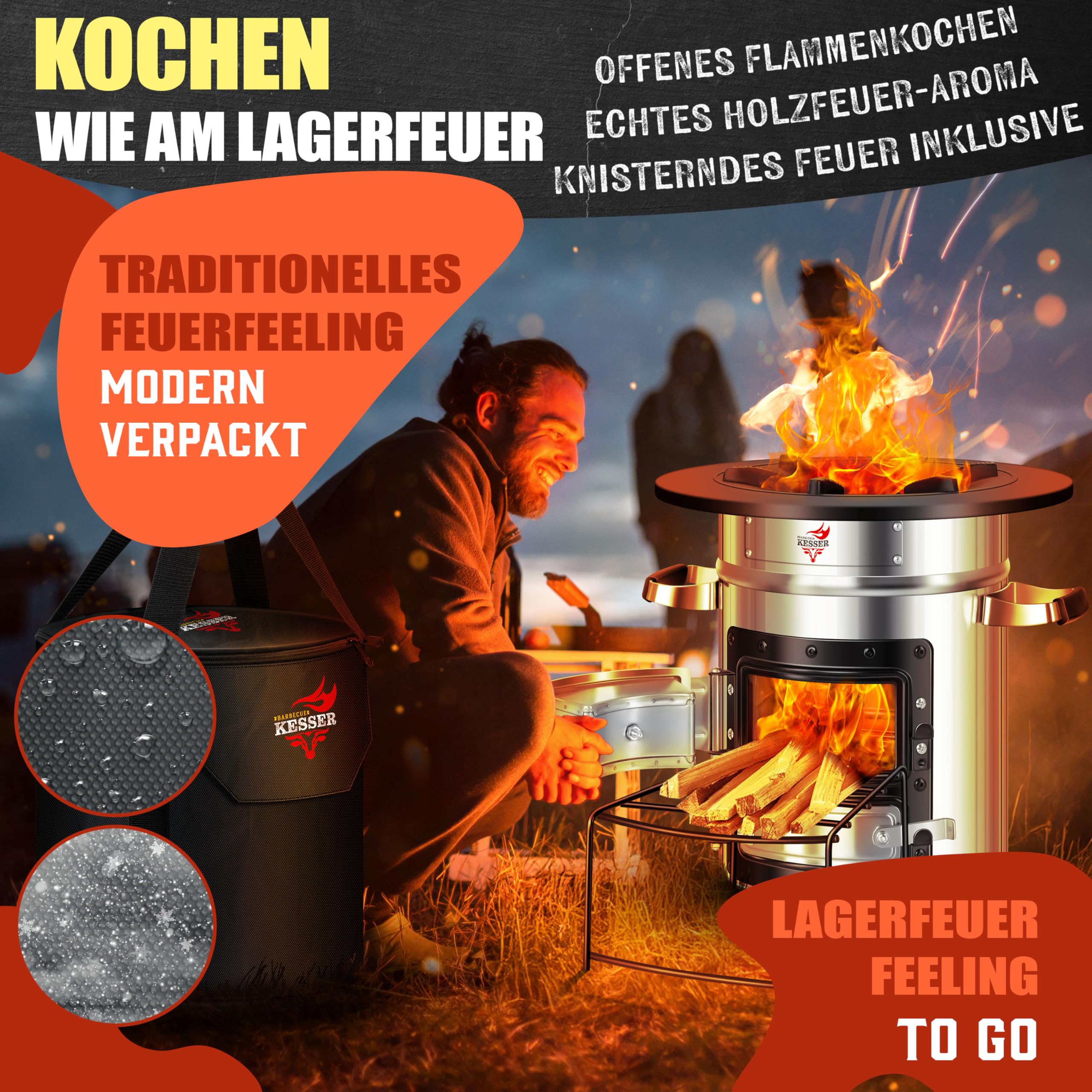 Raketenherd mit Gusseisen-Grillpfanne / Enthält Grillzange & Tragetasche /Camping Grill Edelstahl