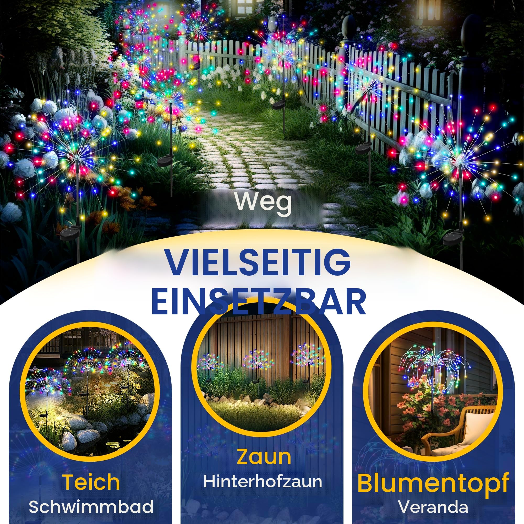Gartendeko Solarleuchten für Außen,4 Stück 120 LED Feuerwerk Solarleuchten, Wetterfest Pusteblume Solarlampen für Balkon Terrasse Blumenkästen Hof Deko