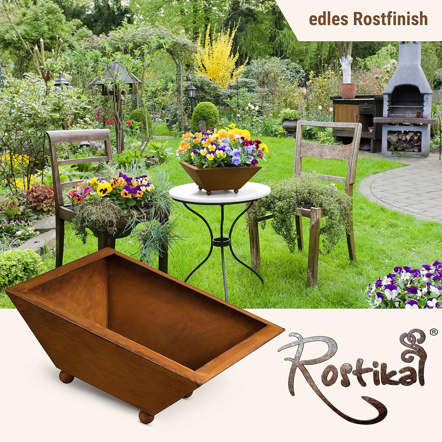 Edelrost Blumenschale 35 × 35 cm – Eckige Pflanzschale aus Cortenstahl auf Kugelfüßen – Wetterfeste Gartendeko für Garten, Terrasse & Hauseingang