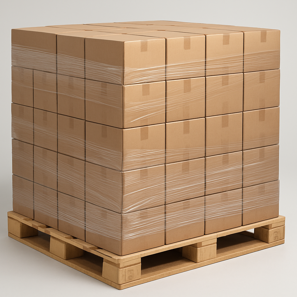 Palette mit 48 Kartonboxen auf Europalette mit Folie gewickelt