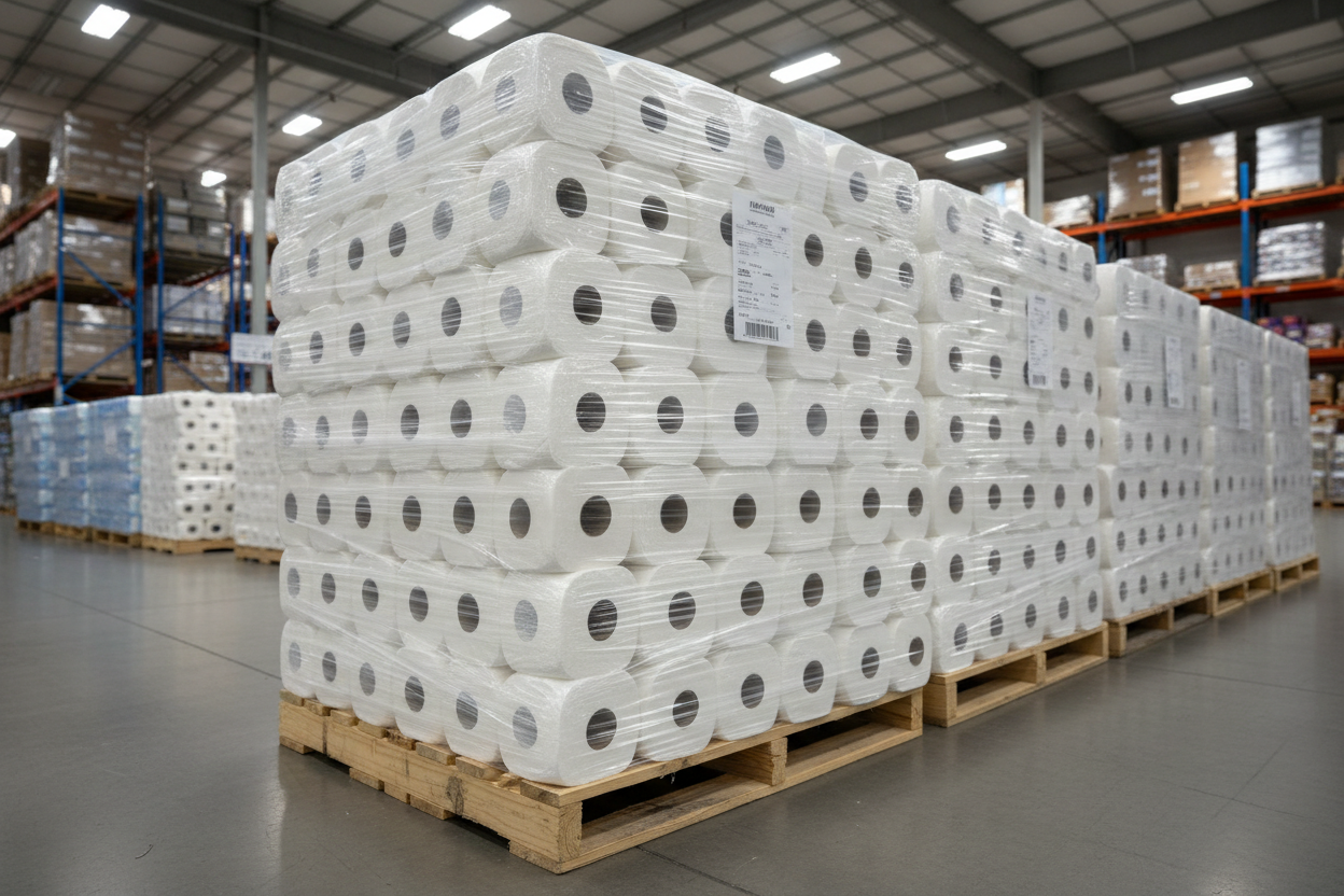 Palette mit WC Papier in Folie gewickelt