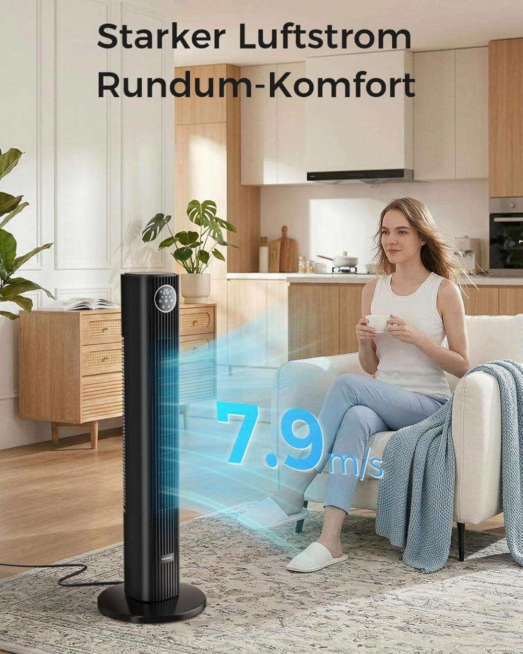Starker Turmventilator 90 cm mit Fernbedienung, leiser Standventilator mit 28 dB, 3 Geschwindigkeiten, 4 Modi, 85° Oszillation, LED-Touch-Display, 12 Std. Timer, für Schlafzimmer, Büro und Zuhause