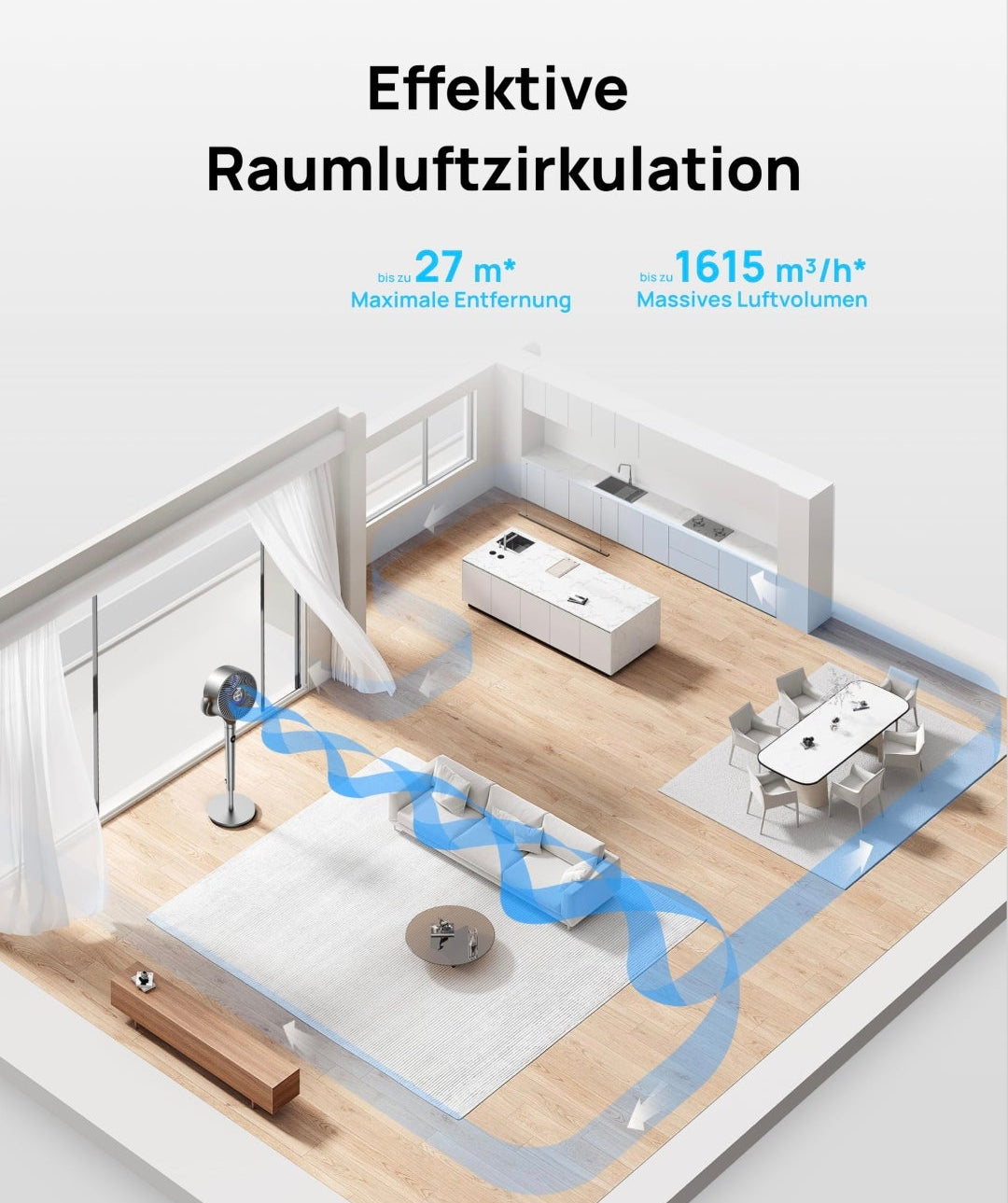 Starker Standventilator - Oszillierender Ventilator mit Fernbedienung / Bodenventilator / Turmventilator , 8H Timer, Silber